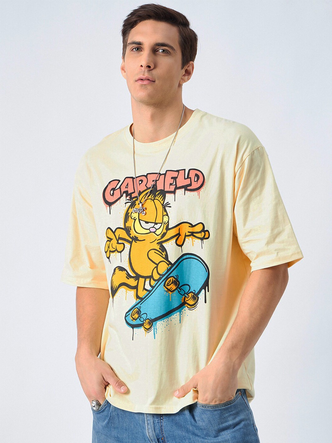 

COLOR CAPITAL Garfield Printed Round Neck Cotton Oversized T-shirt, Nude