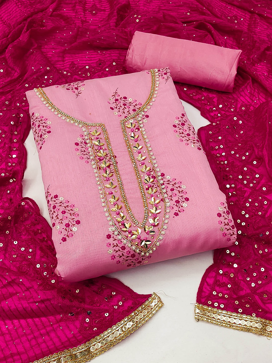 

KALINI Ethnic Motifs Printed Beads and Stones Unstitched Dress Material, Pink