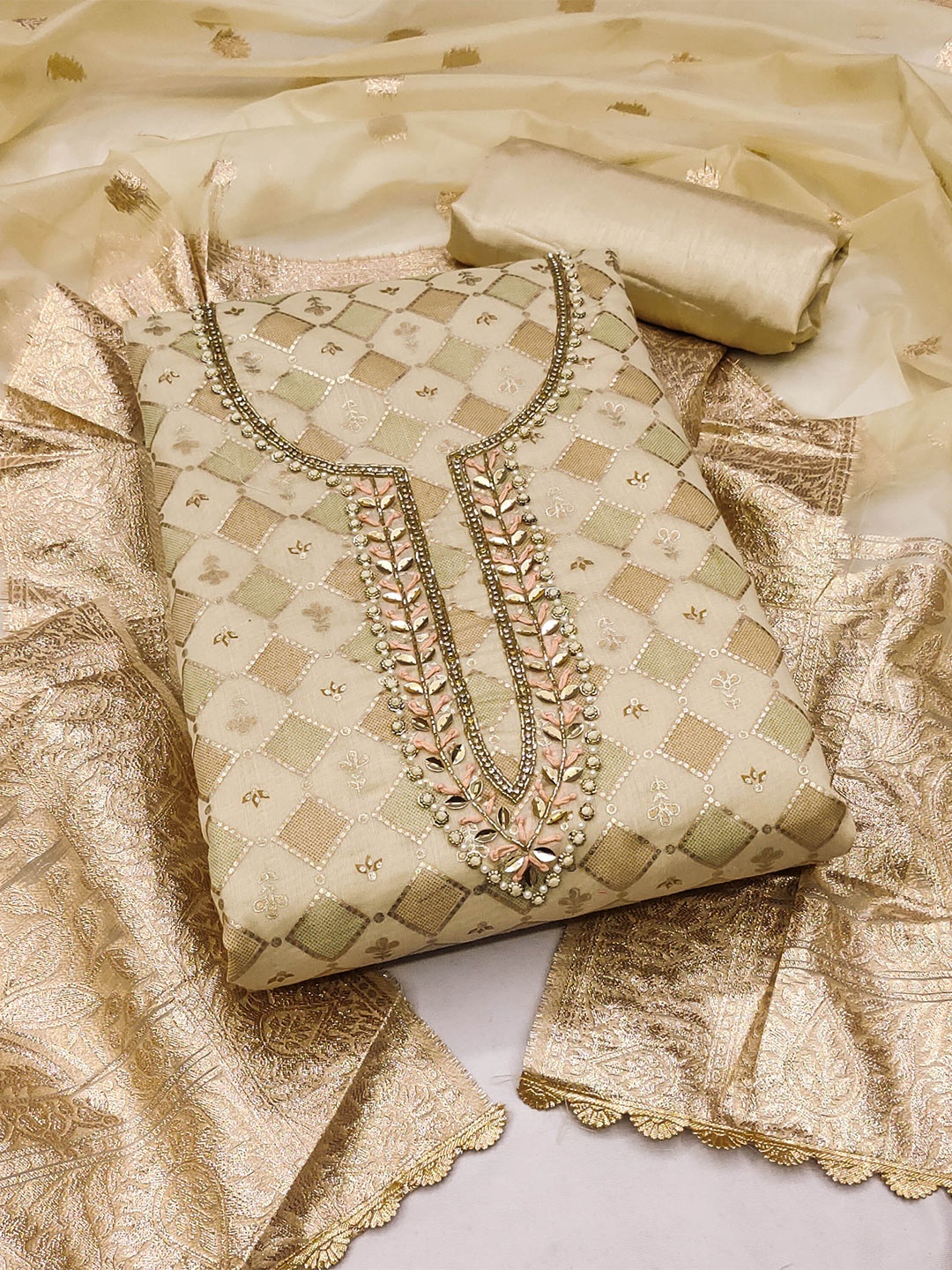 

KALINI Geometric Printed Beads & Stones Unstitched Dress Material, Beige