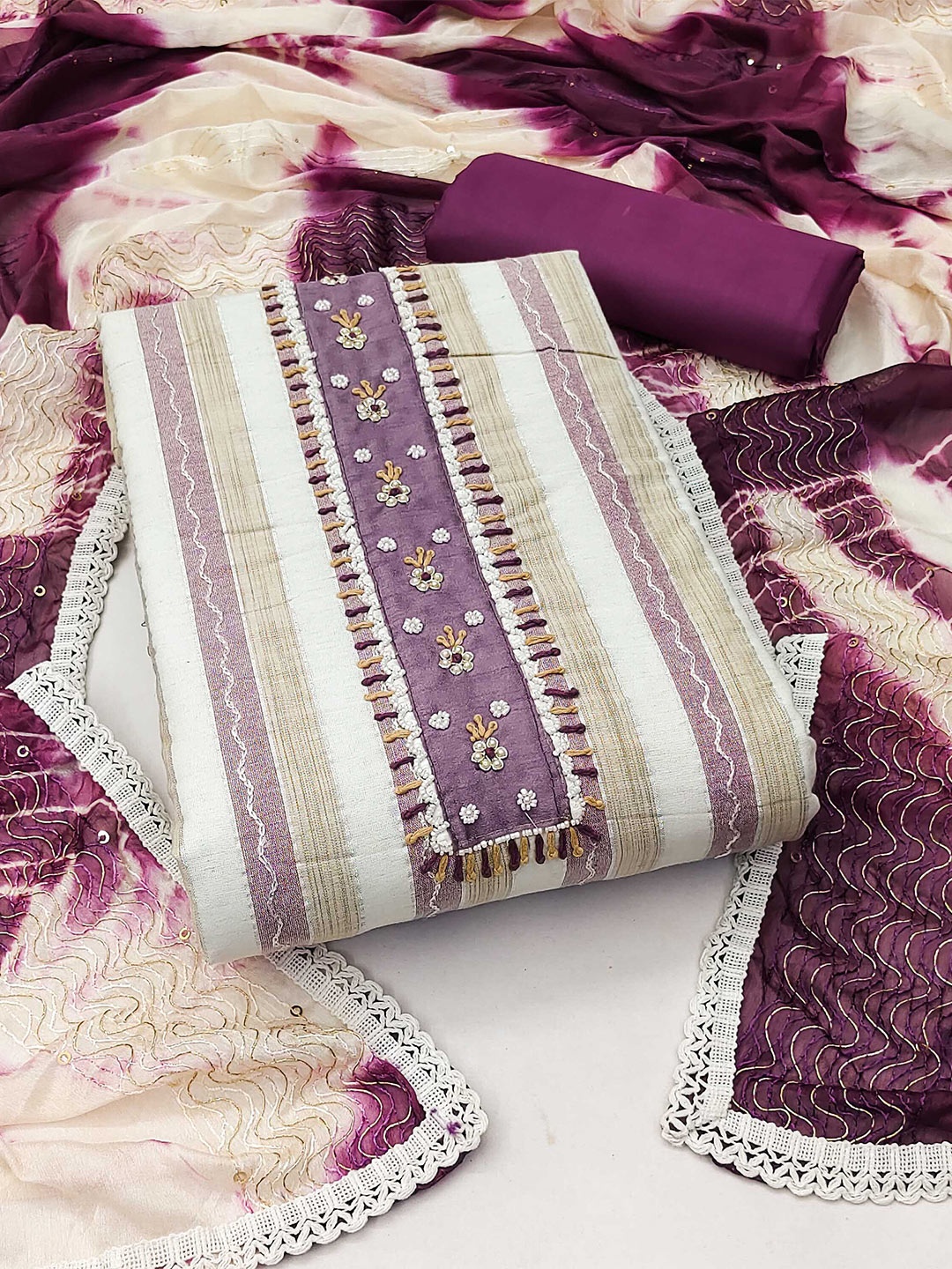 

KALINI Striped Beads and Stones Unstitched Dress Material, White