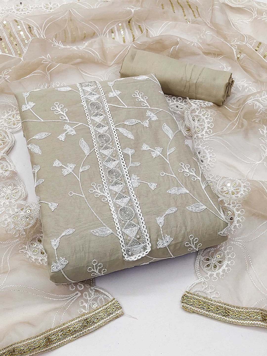 

KALINI Floral Embroidered Beads & Stones Detailed Unstitched Dress Material, Beige