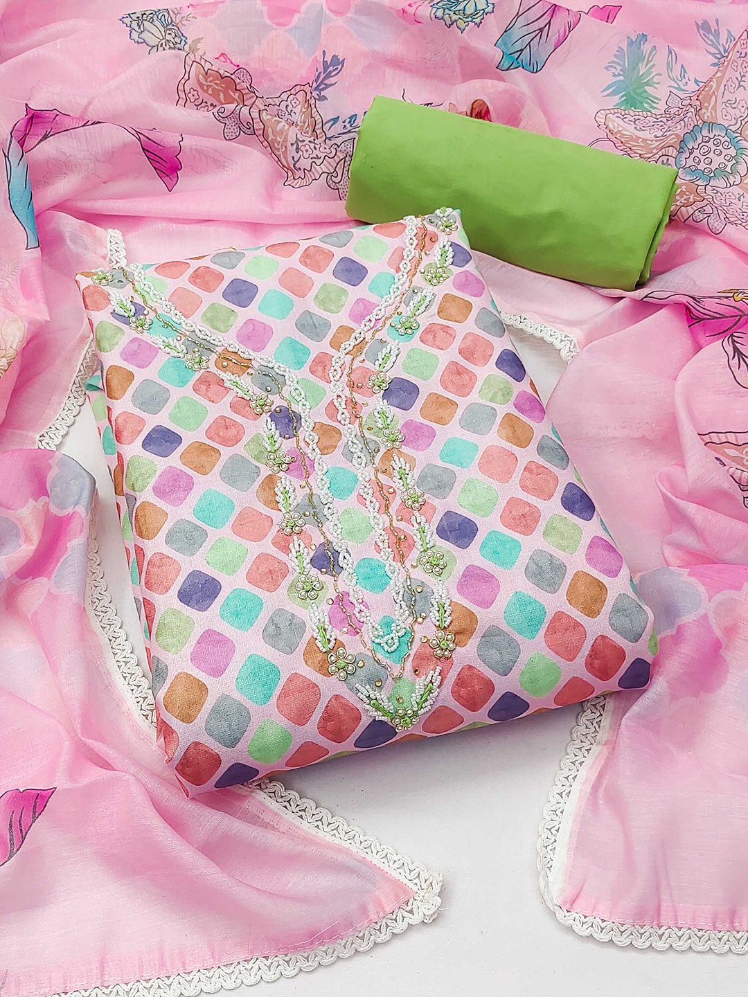 

KALINI Geometric Printed Beads & Stones Unstitched Dress Material, Pink