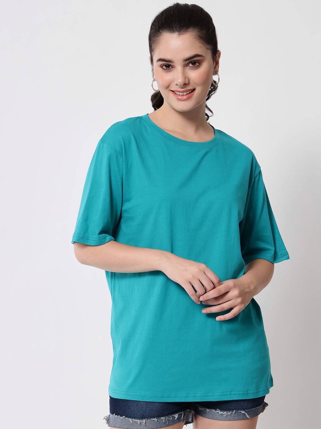 

Funday Fashion Round Neck Cotton Oversized T-Shirt, Turquoise blue