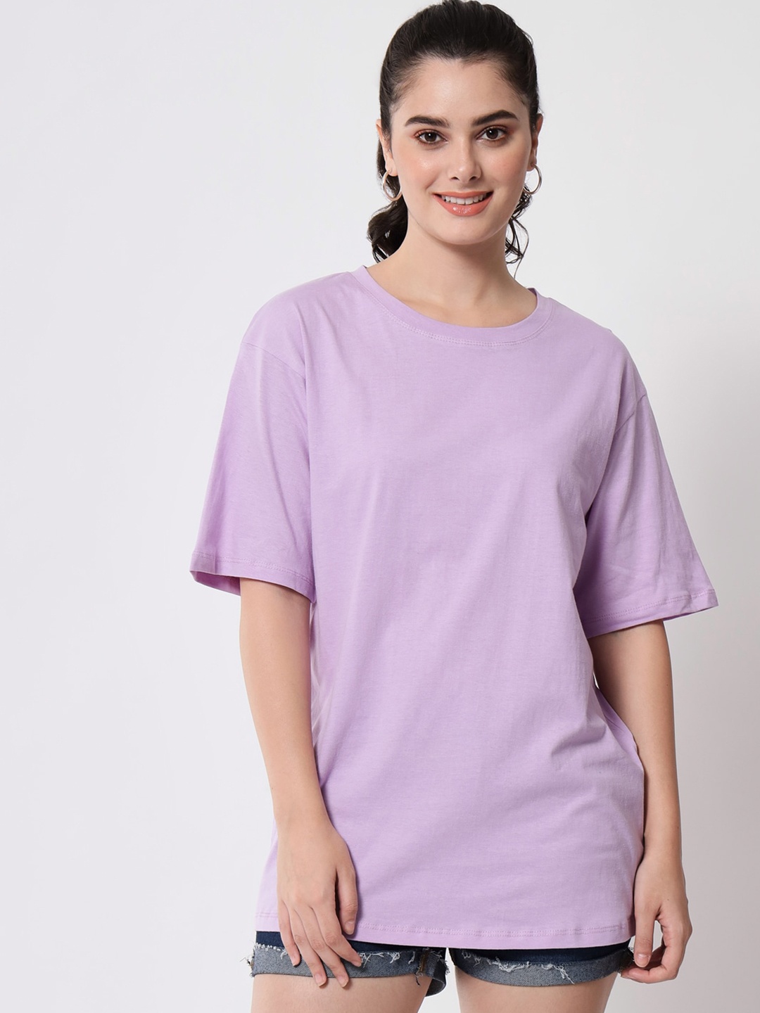 

Funday Fashion Drop-Shoulder Oversized Cotton T-shirt, Purple