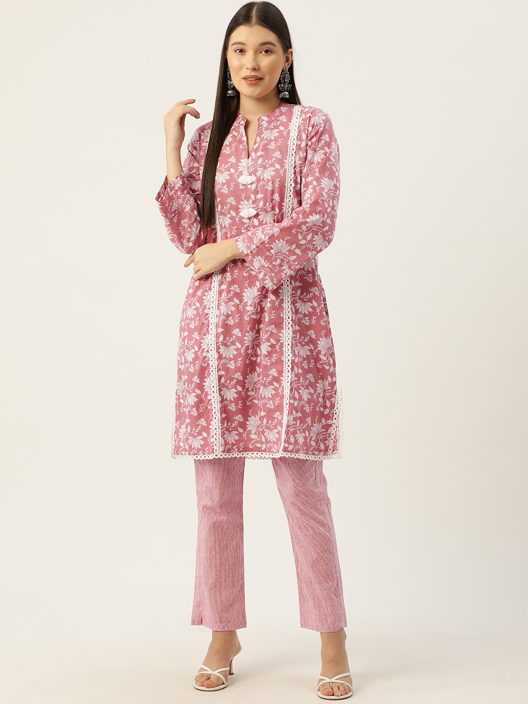 

Jaipur Morni Women Floral Printed Regular Pure Cotton Kurta with Trousers, Pink