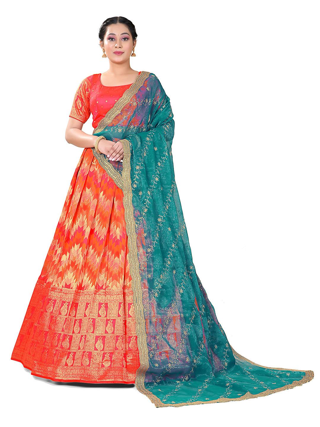 

HALFSAREE STUDIO Woven Design Semi-Stitched Lehenga & Unstitched Blouse With Dupatta, Orange