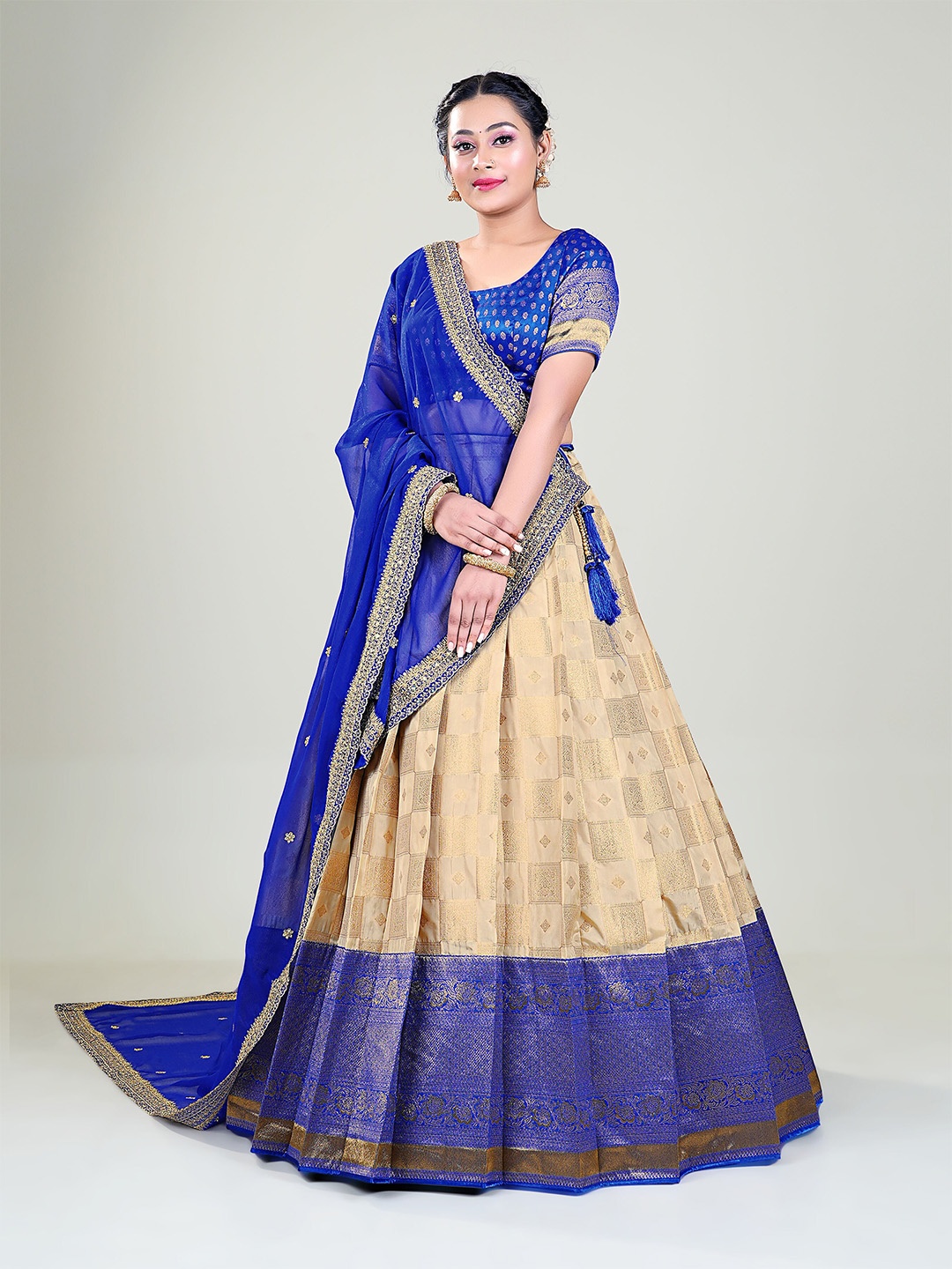 

HALFSAREE STUDIO Woven Design Silk Semi-Stitched Lehenga & Unstitched Blouse With Dupatta, Blue