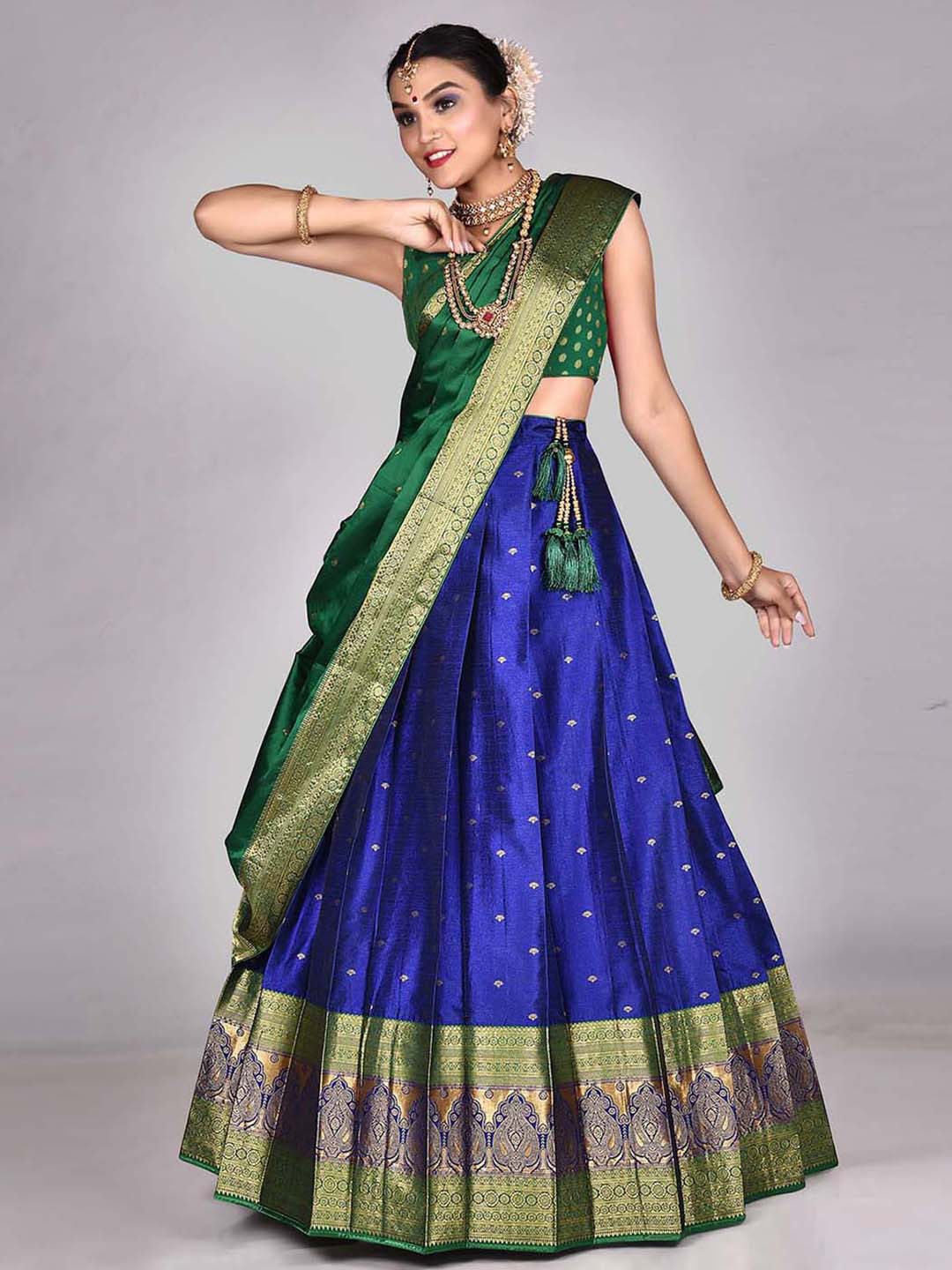 

HALFSAREE STUDIO Woven Design Silk Semi-Stitched Lehenga & Unstitched Blouse With Dupatta, Green
