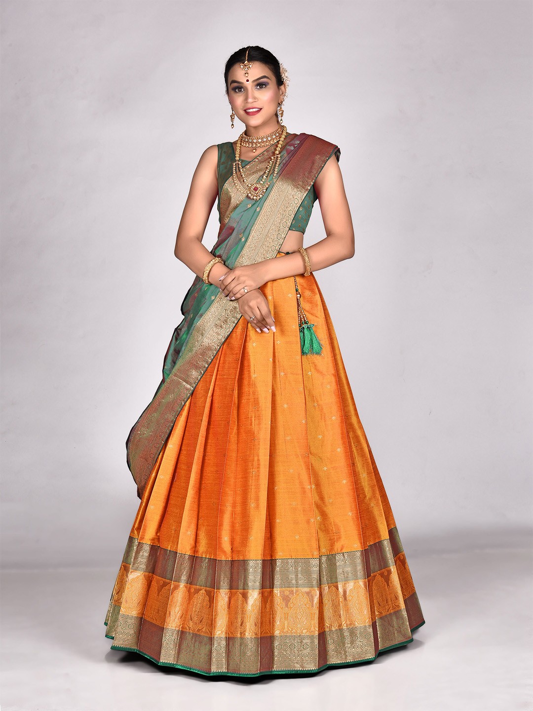 

HALFSAREE STUDIO Woven Design Semi-Stitched Lehenga & Unstitched Blouse With Dupatta, Gold