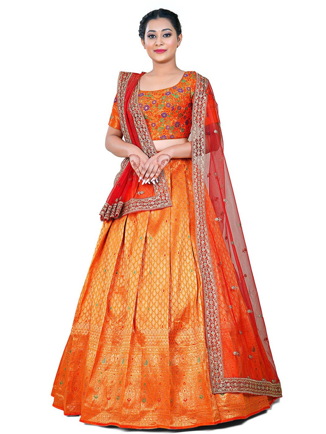 

HALFSAREE STUDIO Semi-Stitched Lehenga & Unstitched Blouse With Dupatta, Orange