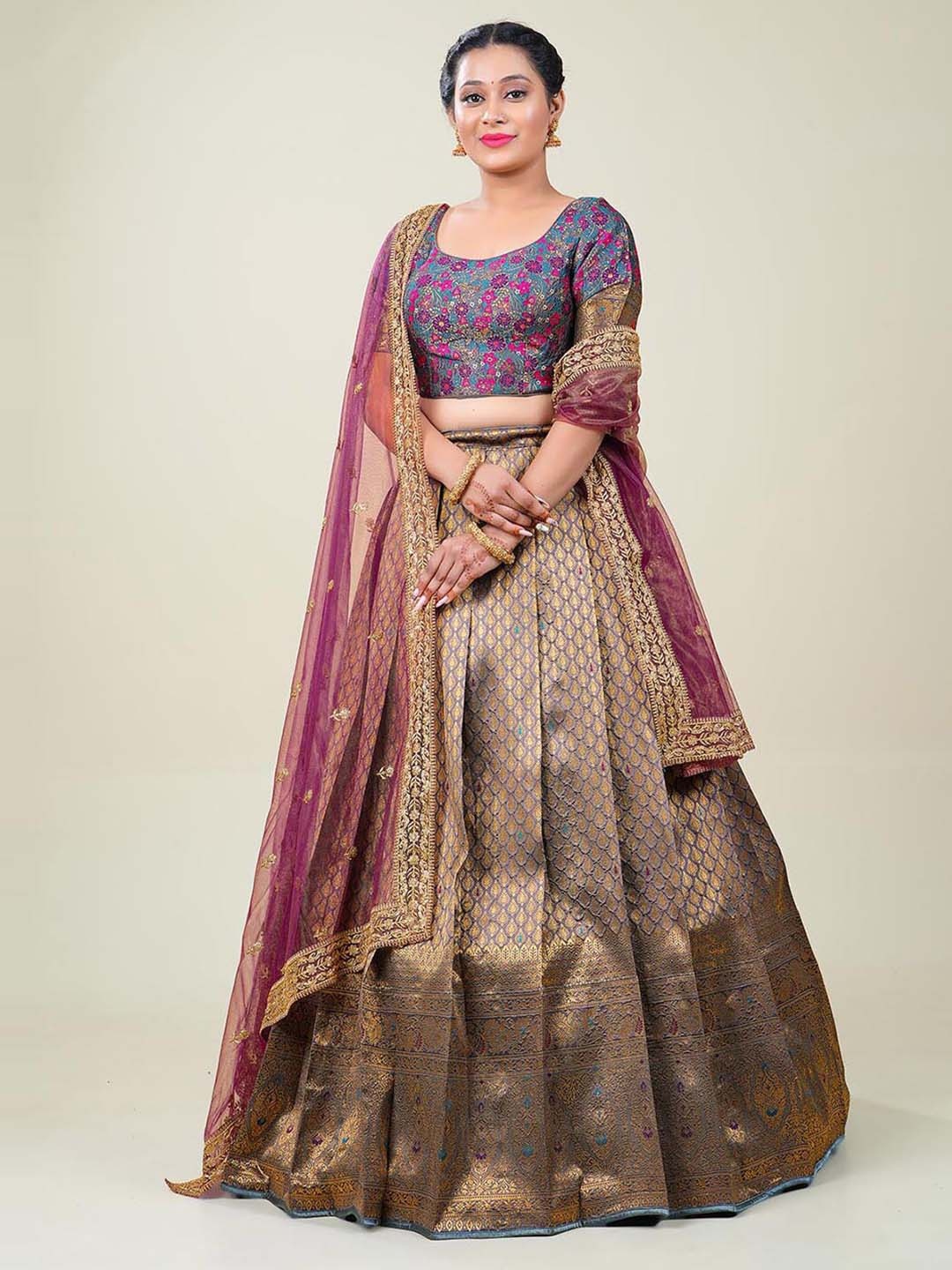 

HALFSAREE STUDIO Woven Design Semi-Stitched Lehenga & Unstitched Blouse With Dupatta, Grey