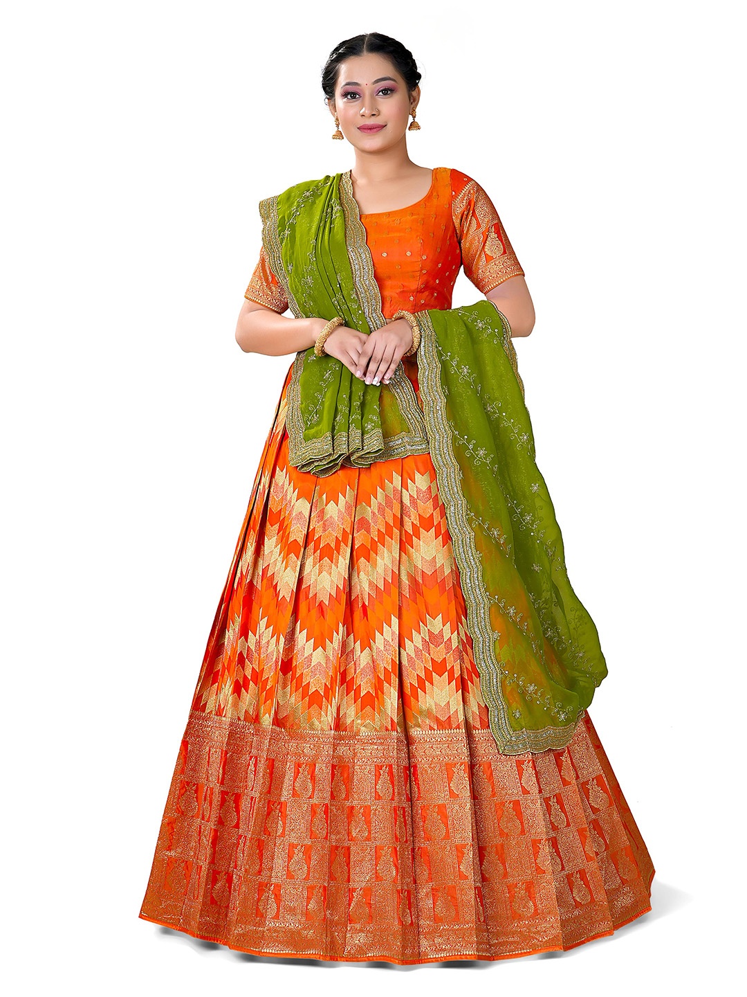 

HALFSAREE STUDIO Woven Design Silk Semi-Stitched Lehenga & Unstitched Blouse With Dupatta, Orange