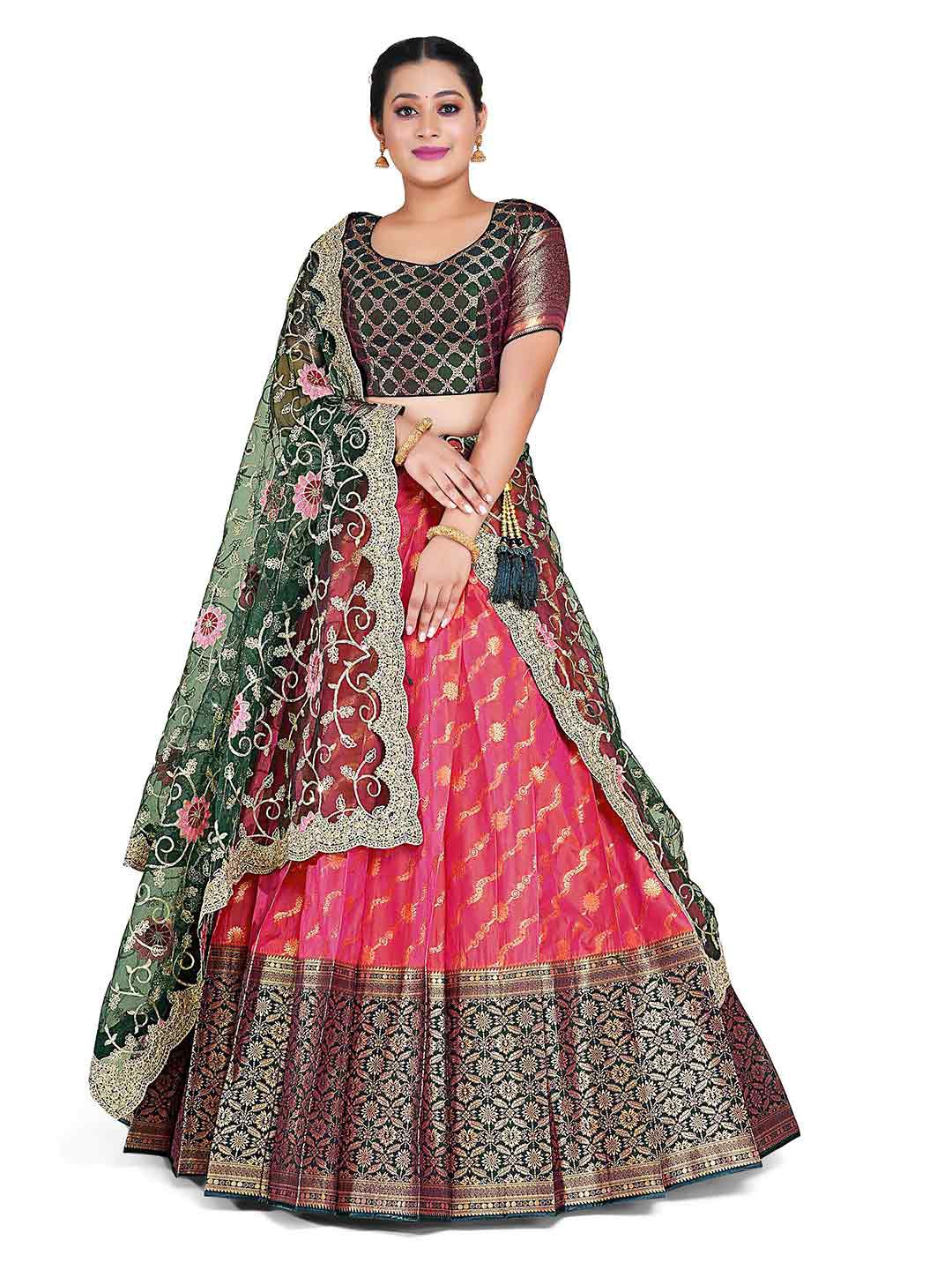 

HALFSAREE STUDIO Woven Design Semi-Stitched Lehenga & Unstitched Blouse With Dupatta, Pink