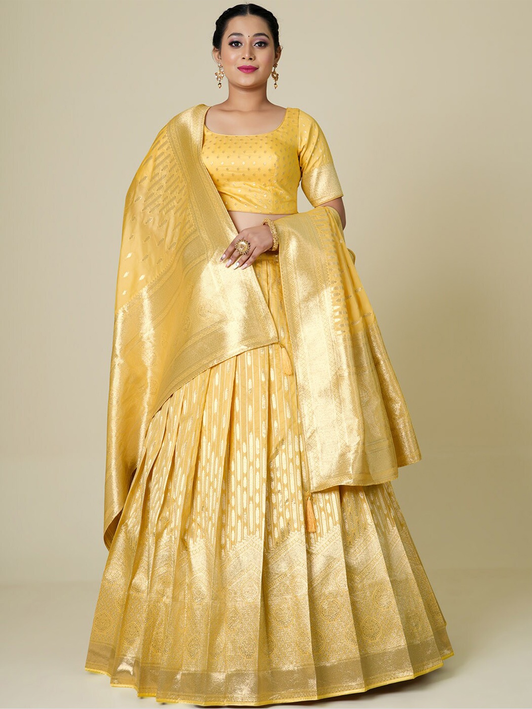 

HALFSAREE STUDIO Woven Design Semi-Stitched Lehenga & Unstitched Blouse With Dupatta, Yellow