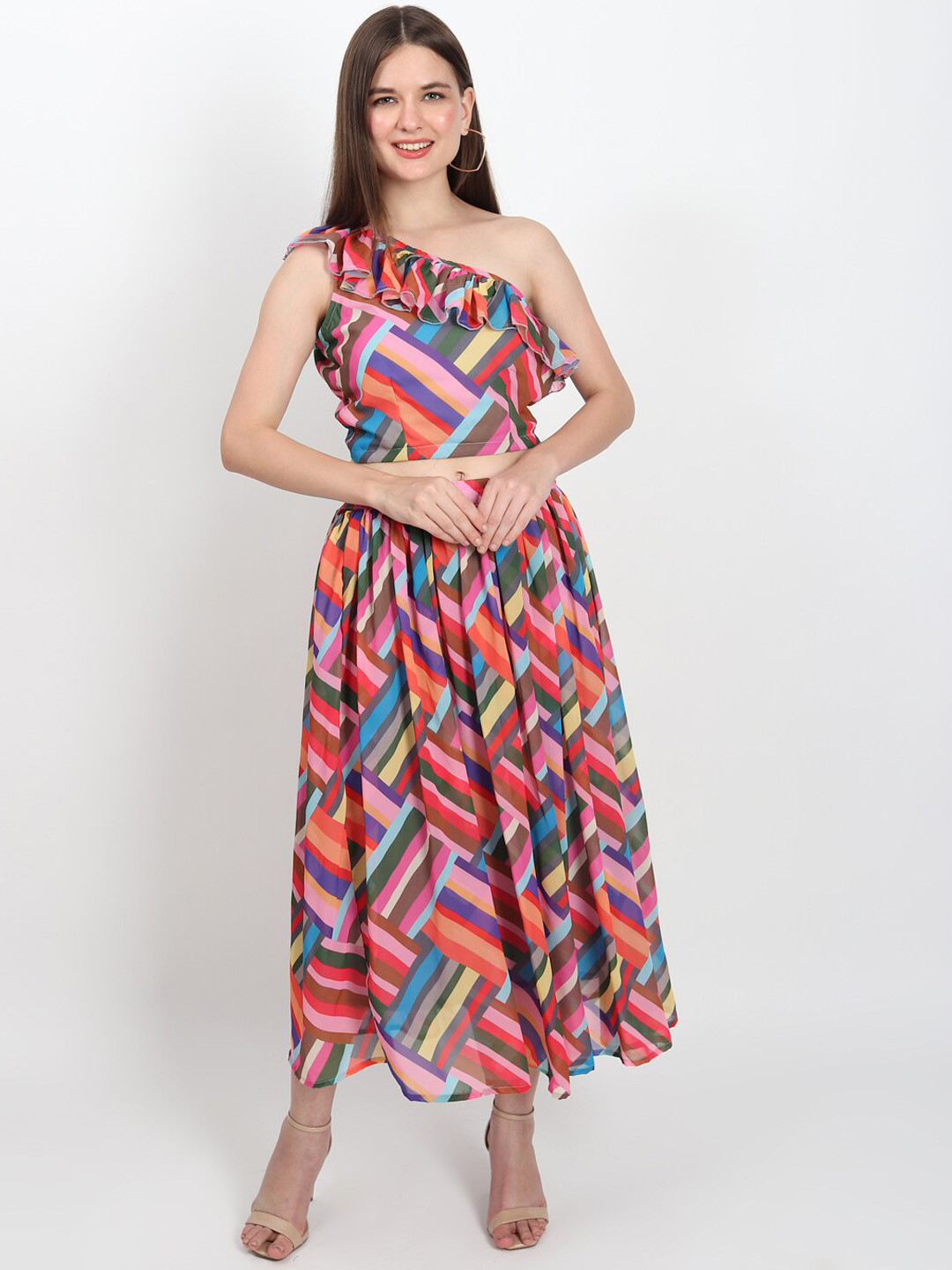

ISAM Geometric Printed One Shoulder Top & Skirt, Red