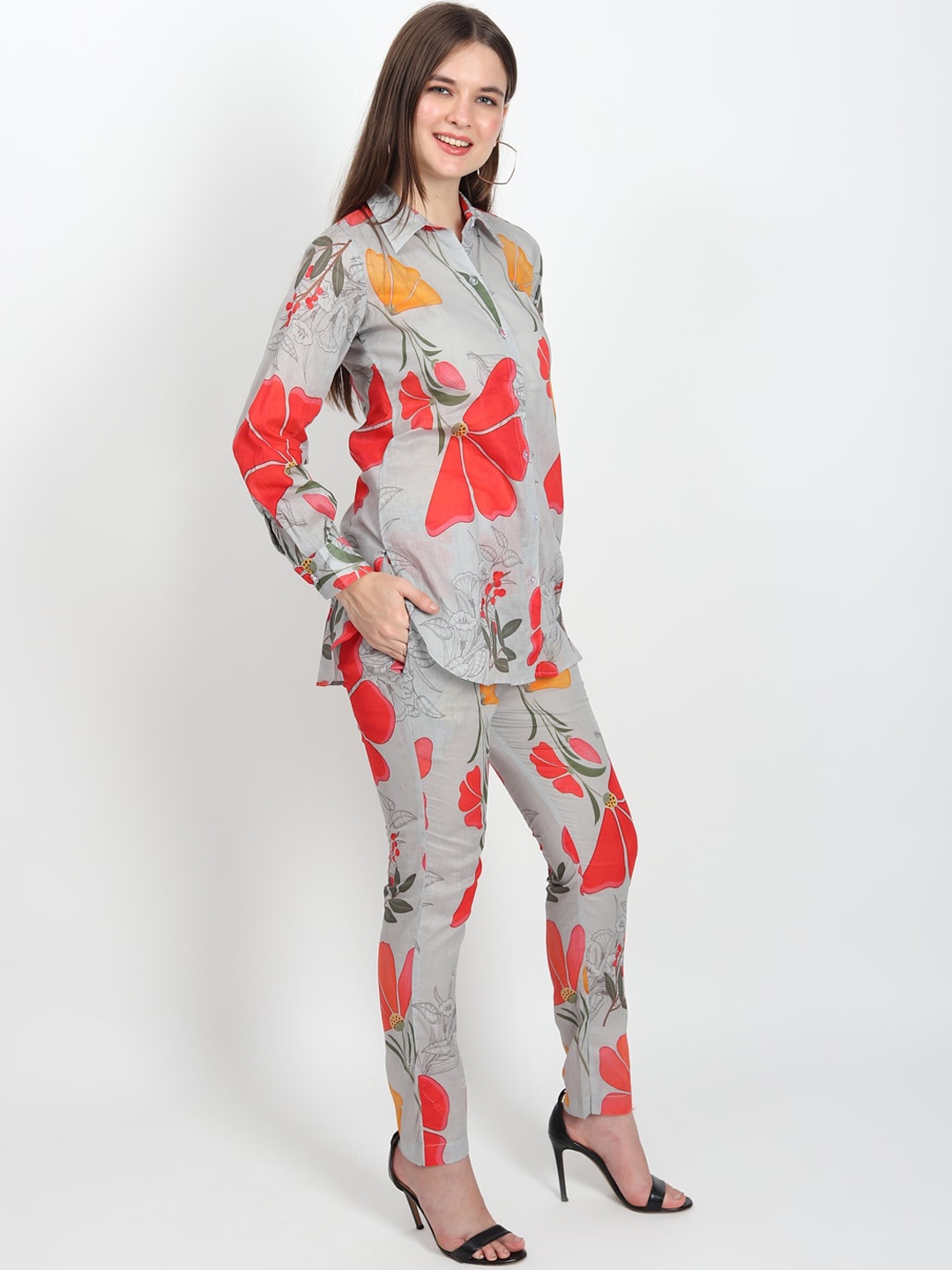 

ISAM Floral Printed Pure Cotton Shirt & Trousers, Grey