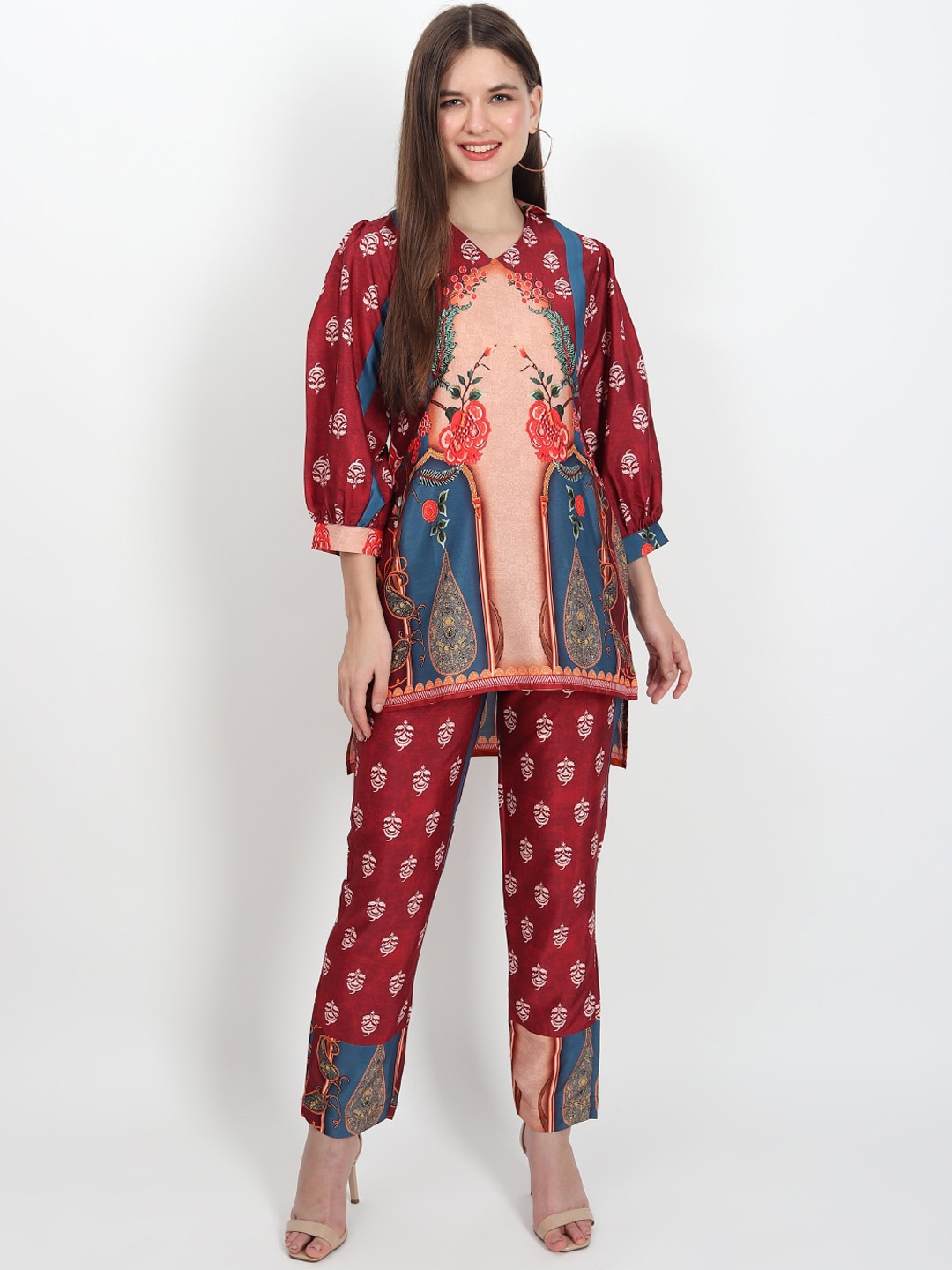 

ISAM Ethnic Motifs Printed Tunic & Trousers Co-Ords Set, Maroon