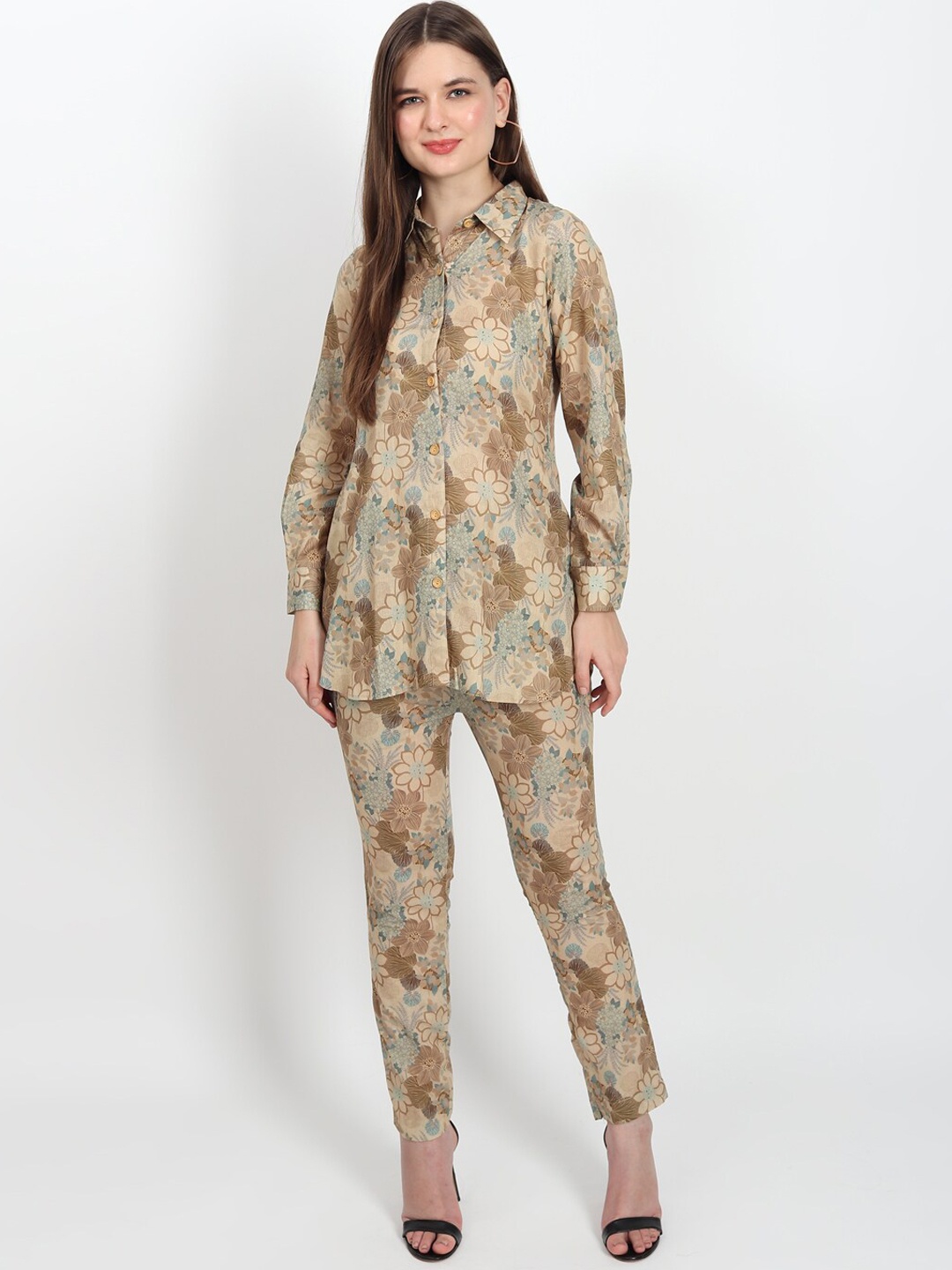 

ISAM Abstract Printed Pure Cotton Shirt & Trousers Co-Ords Set, Beige