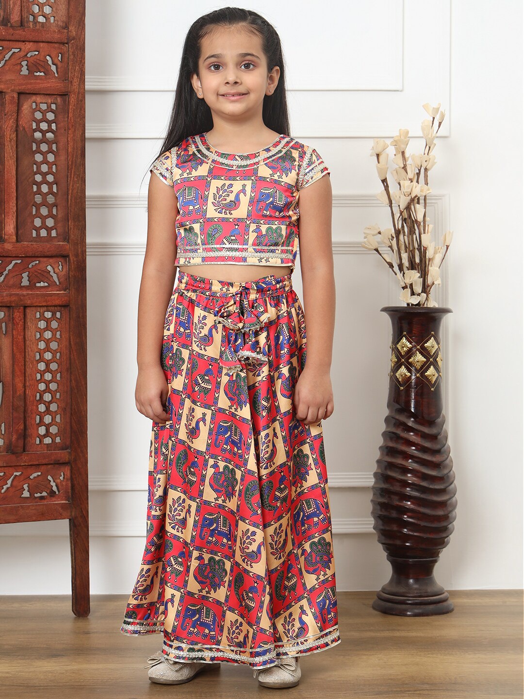 

Readiprint Girls Printed Cap Sleeves Satin Ready to Wear Lehenga & Blouse, Red
