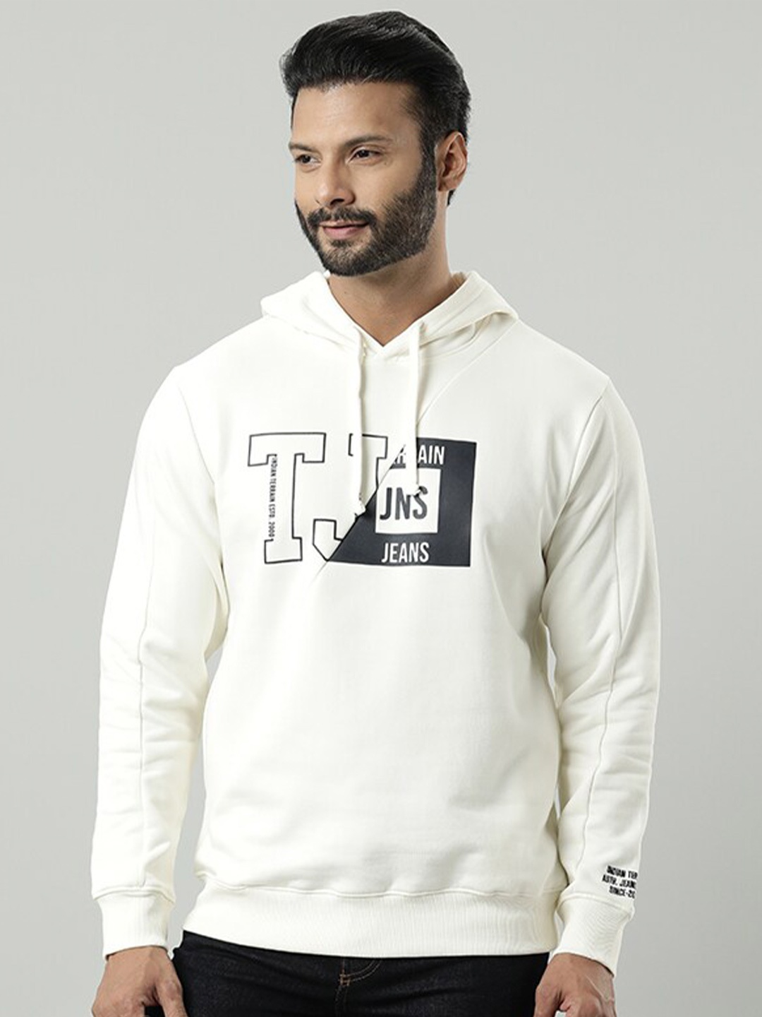 

Indian Terrain Typography Printed Hooded Cotton Sweatshirt, White