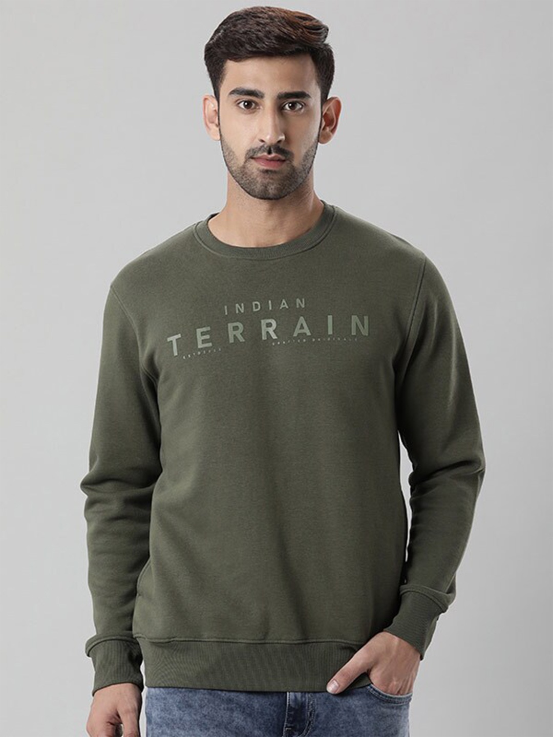 

Indian Terrain Typography Printed Cotton Sweatshirt, Olive