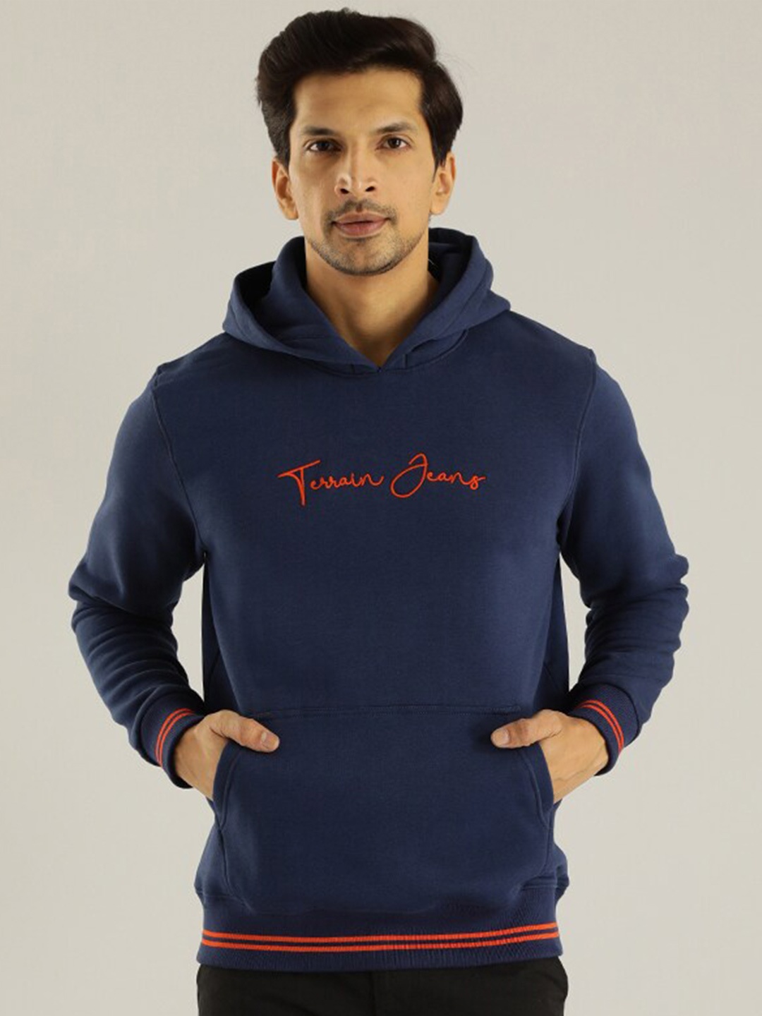

Indian Terrain Typography Embroidered Hooded Cotton Sweatshirt, Navy blue