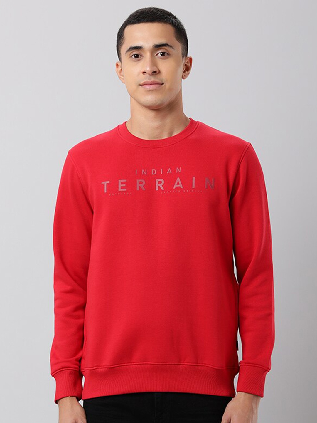 

Indian Terrain Typography Printed Cotton Sweatshirt, Red