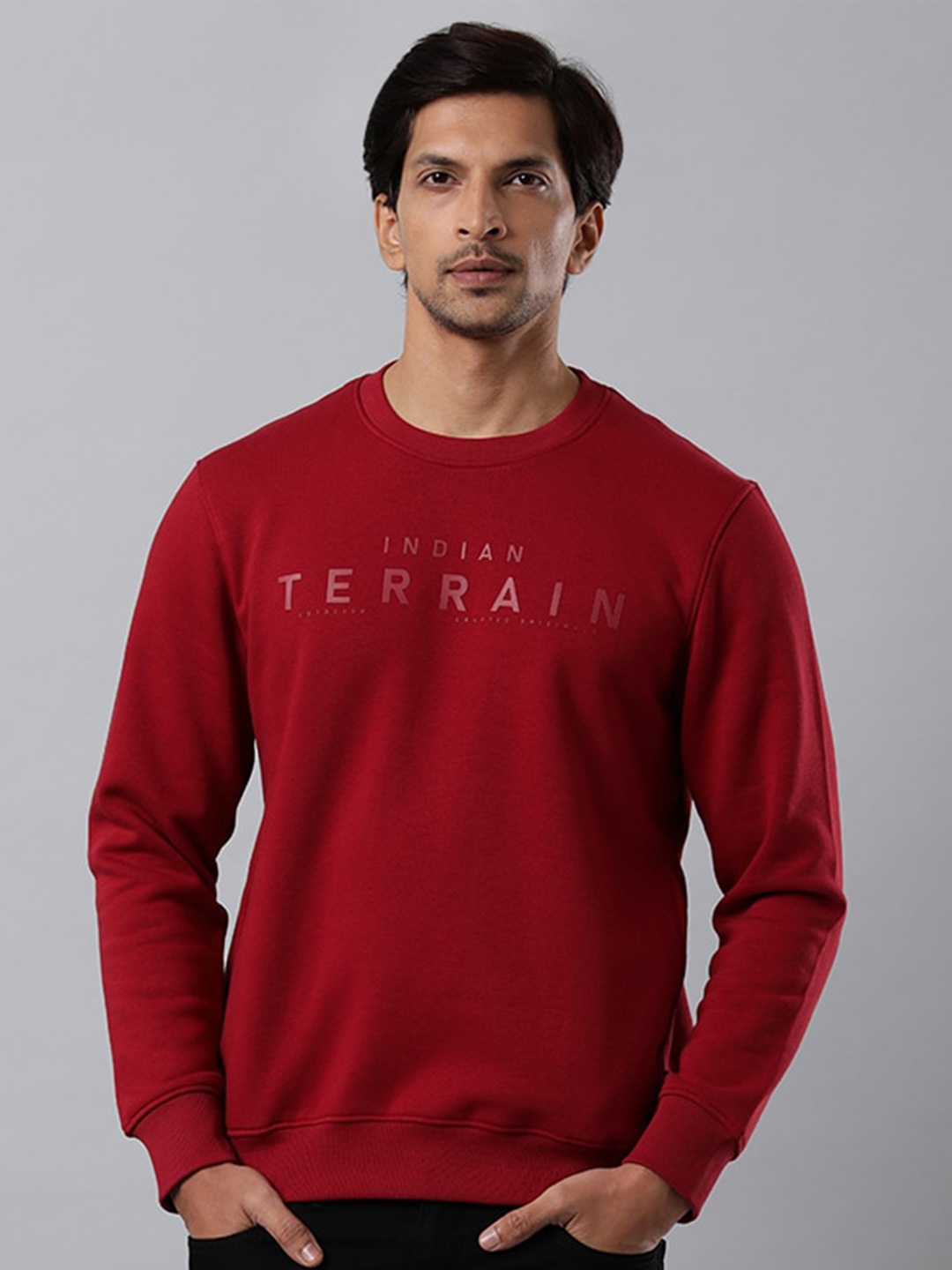 

Indian Terrain Typography Printed Cotton Sweatshirt, Red