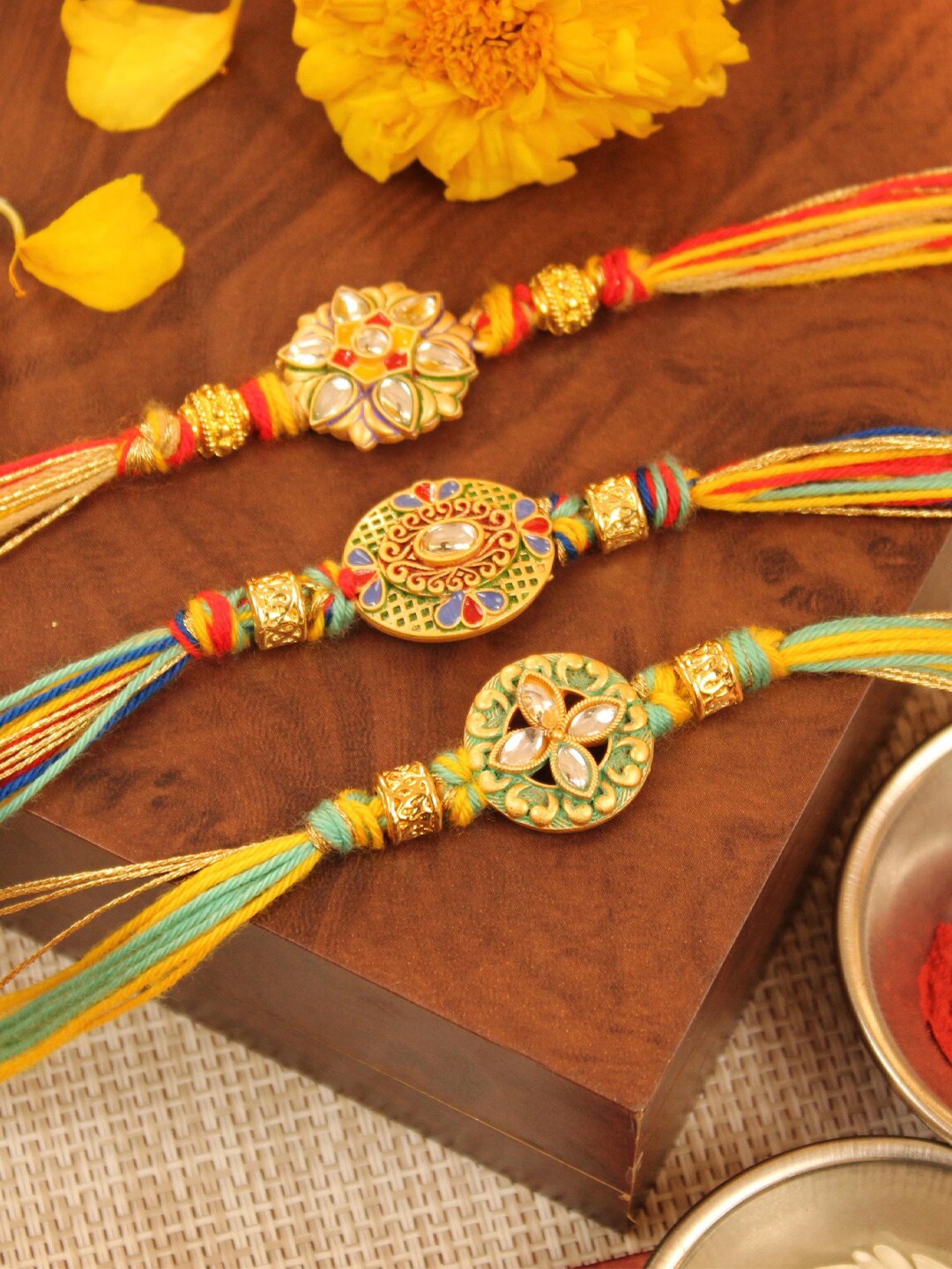 

TIED RIBBONS Set Of 3 Rakhi With Card & Roli Chawal, Red