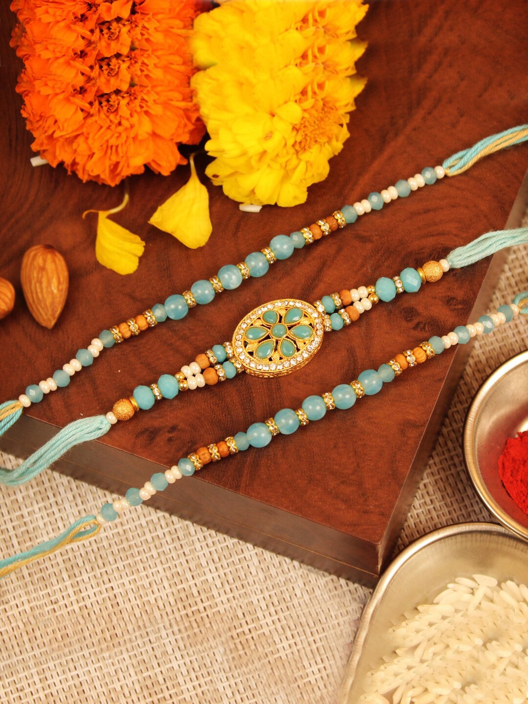 

TIED RIBBONS Set Of 3 Beaded Rakhi, Blue