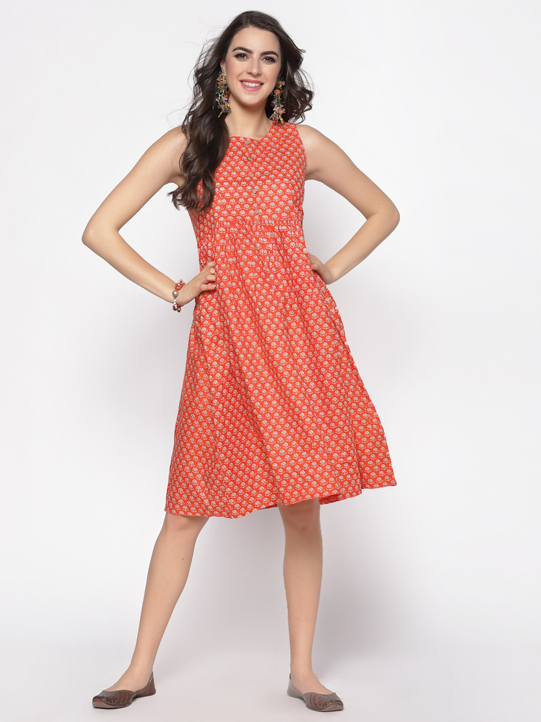 

Sera Orange Floral Printed Cotton Fit & Flare Dress