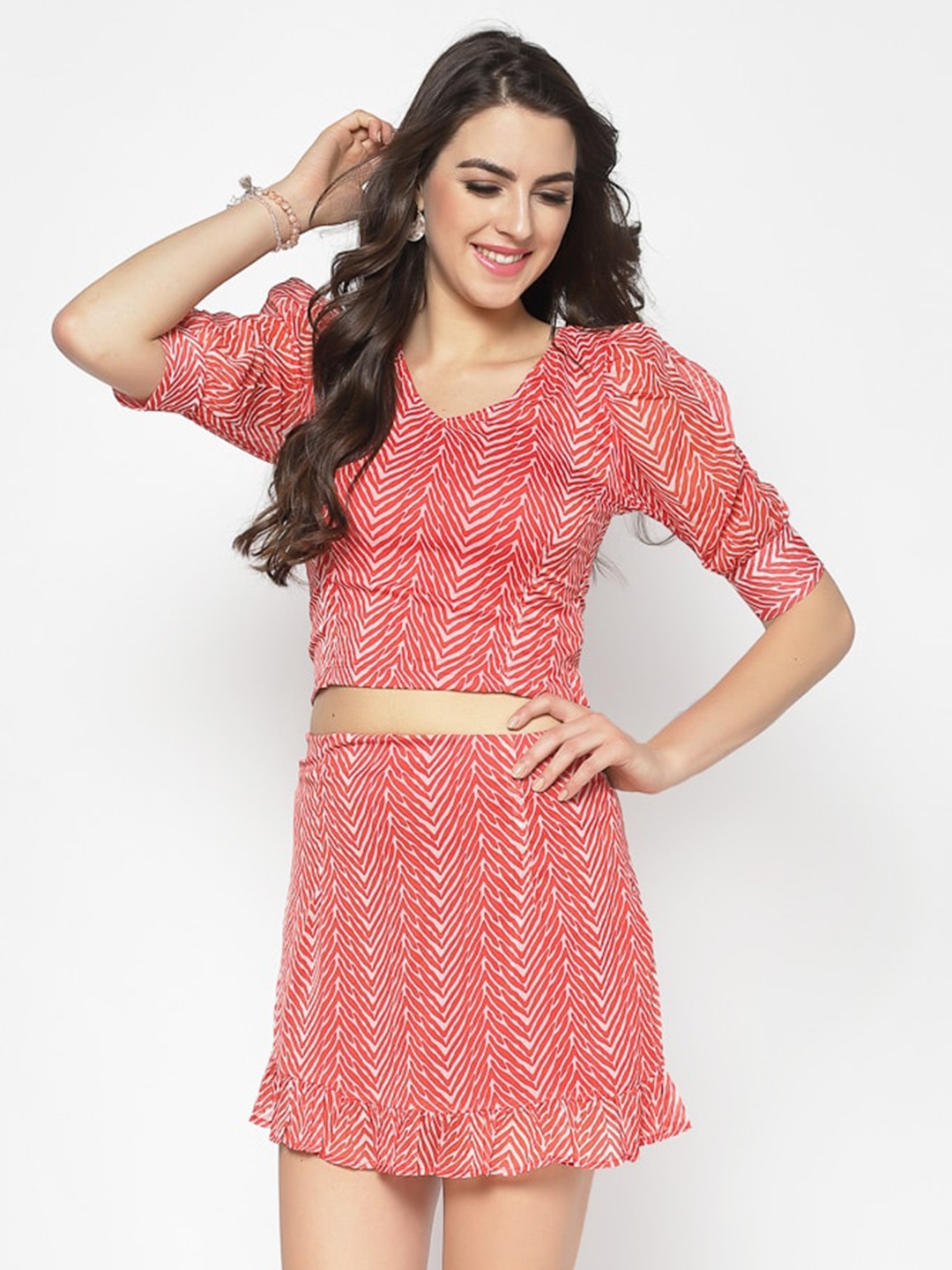 

Sera Red Printed Top With Skirt