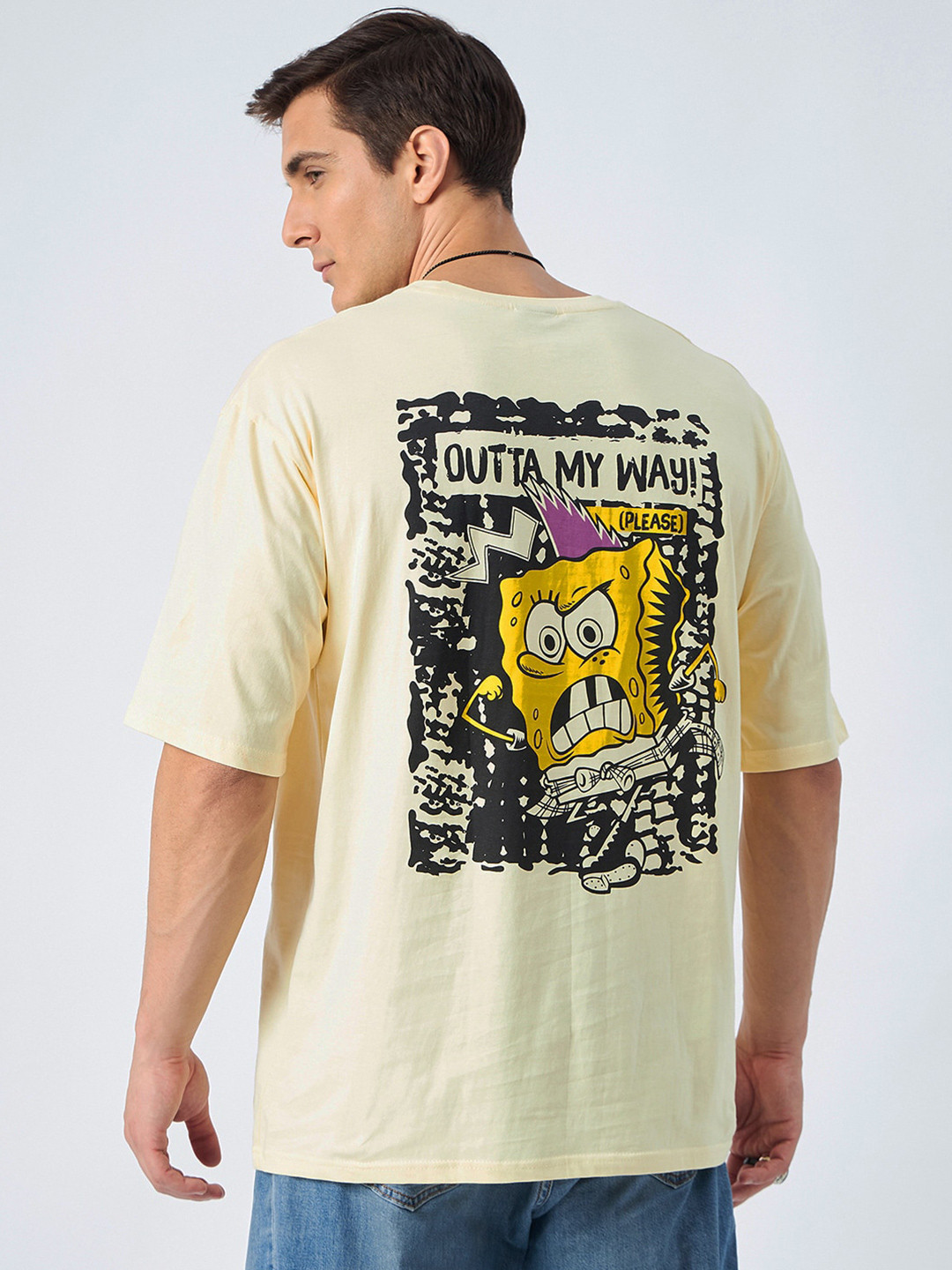

COLOR CAPITAL Sponge Bob Printed Drop Shoulder Sleeves Pure Cotton Oversized T-shirt, Yellow