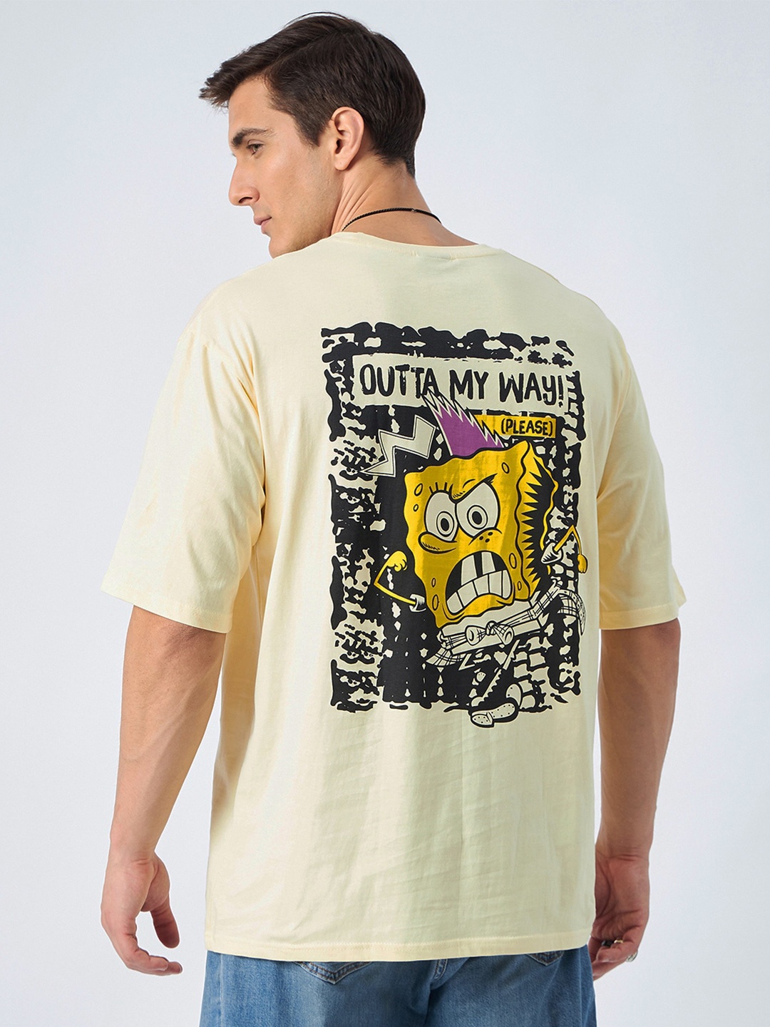 

COLOR CAPITAL Sponge Bob Printed Drop Shoulder Sleeves Pure Cotton Oversized T-shirt, Nude