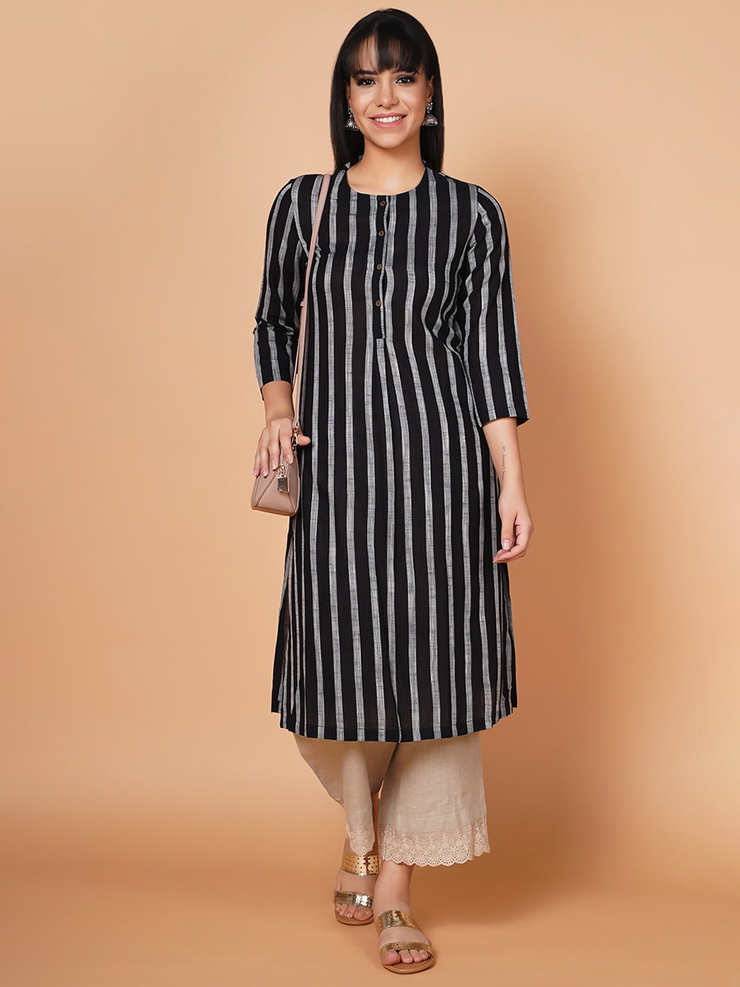 

BARARA ETHNIC Striped Straight Cotton Kurta, Black