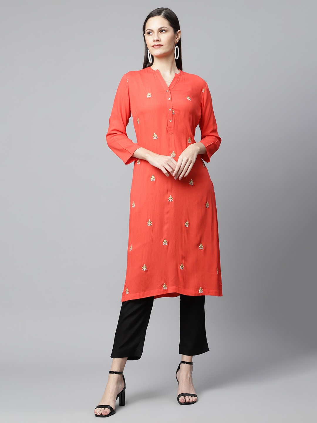 

BARARA ETHNIC Floral Embroidered Cotton Straight Kurta, Red