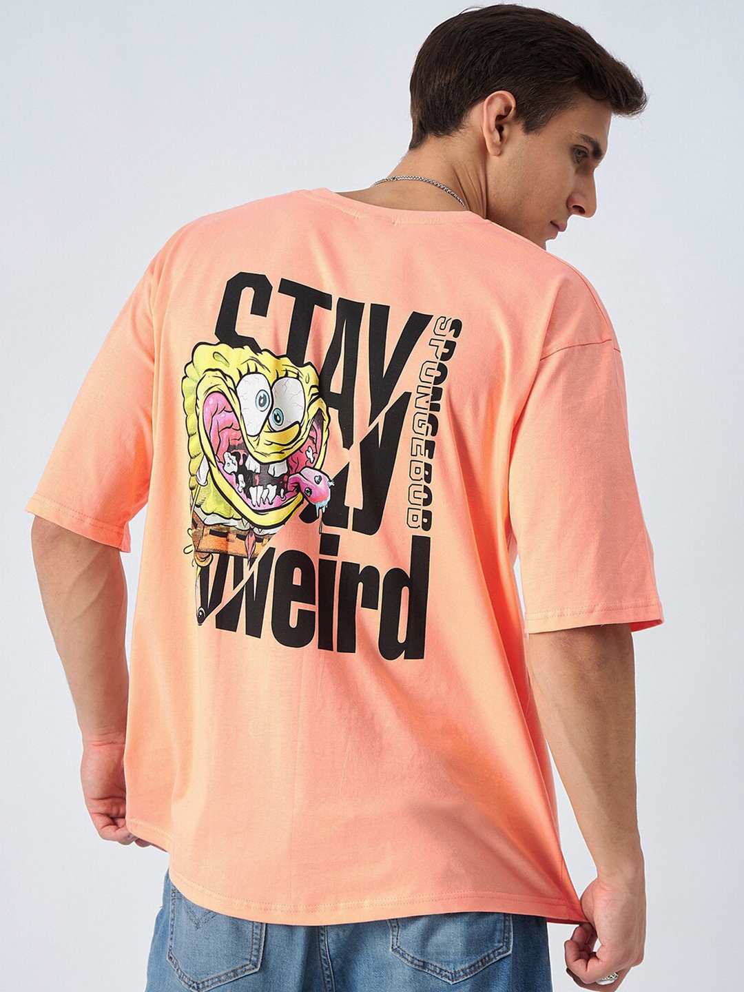 

COLOR CAPITAL Spongebob Printed Drop-Shoulder Oversized Pure Cotton T-shirt, Peach