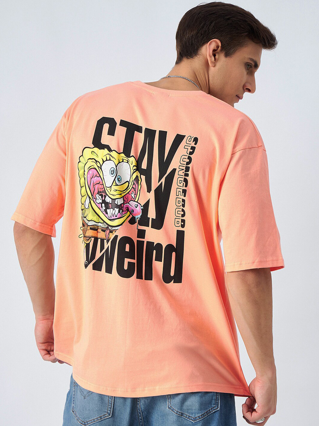 

COLOR CAPITAL Sponge Bob Printed Polo Collar Drop Shoulder Pure Cotton Oversized T-Shirt, Peach