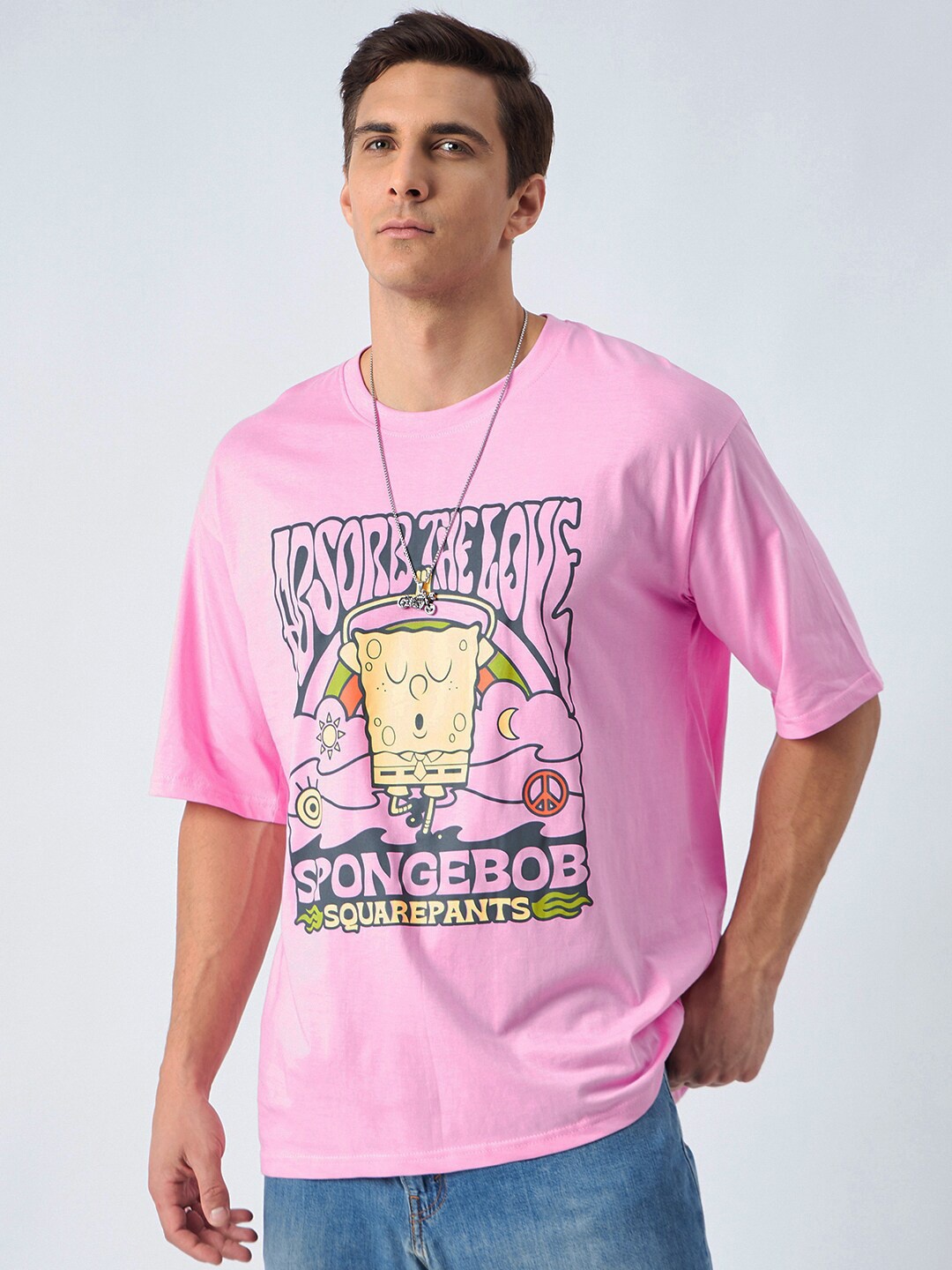 

COLOR CAPITAL Spongebob Printed Pure Cotton Oversized T-shirt, Pink
