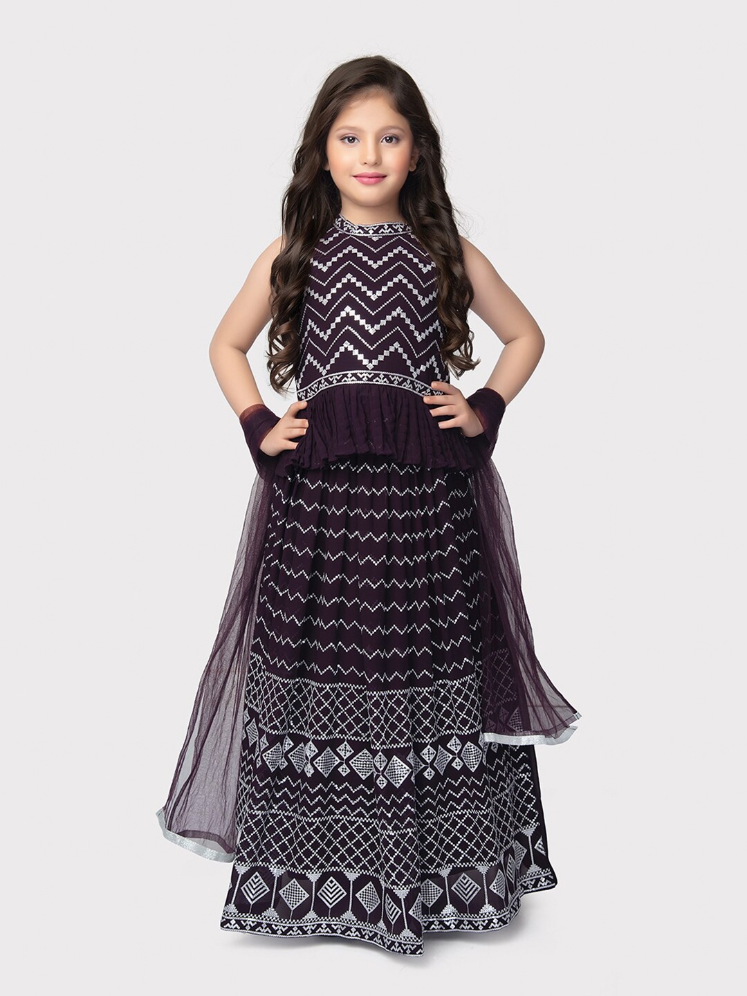 

Tiny Kingdom Girls Embroidered Thread Work Ready to Wear Lehenga & Blouse With Dupatta, Burgundy