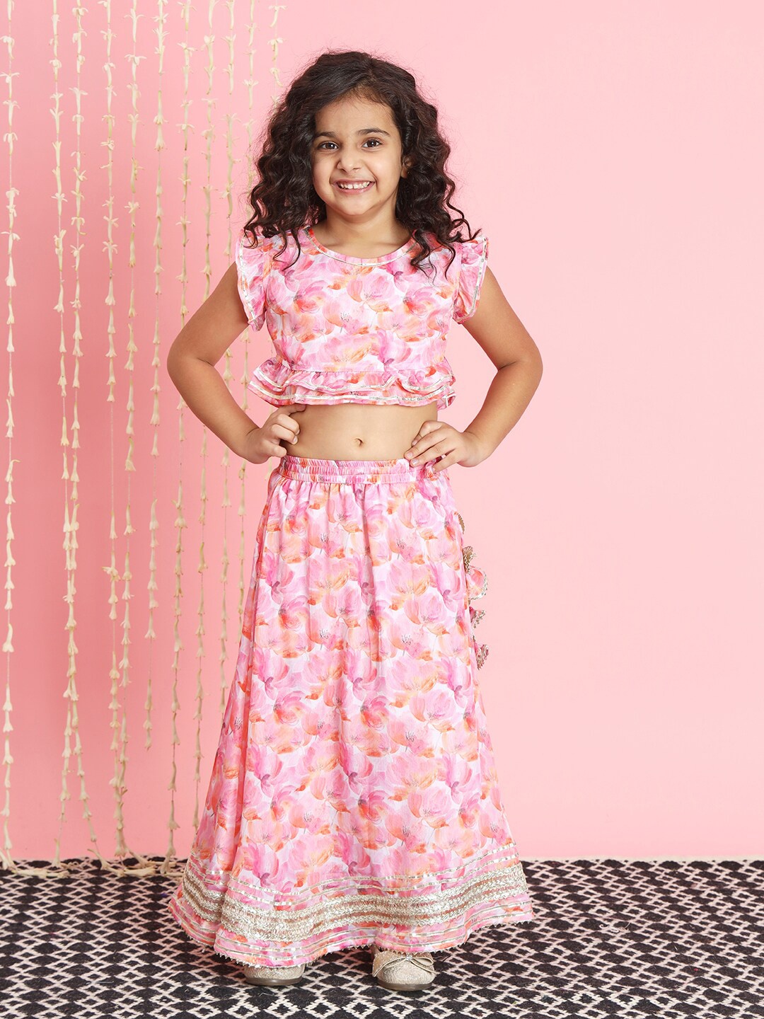 

Readiprint Girls Printed Flutter Sleeves Ready to Wear Lehenga & Blouse, Pink