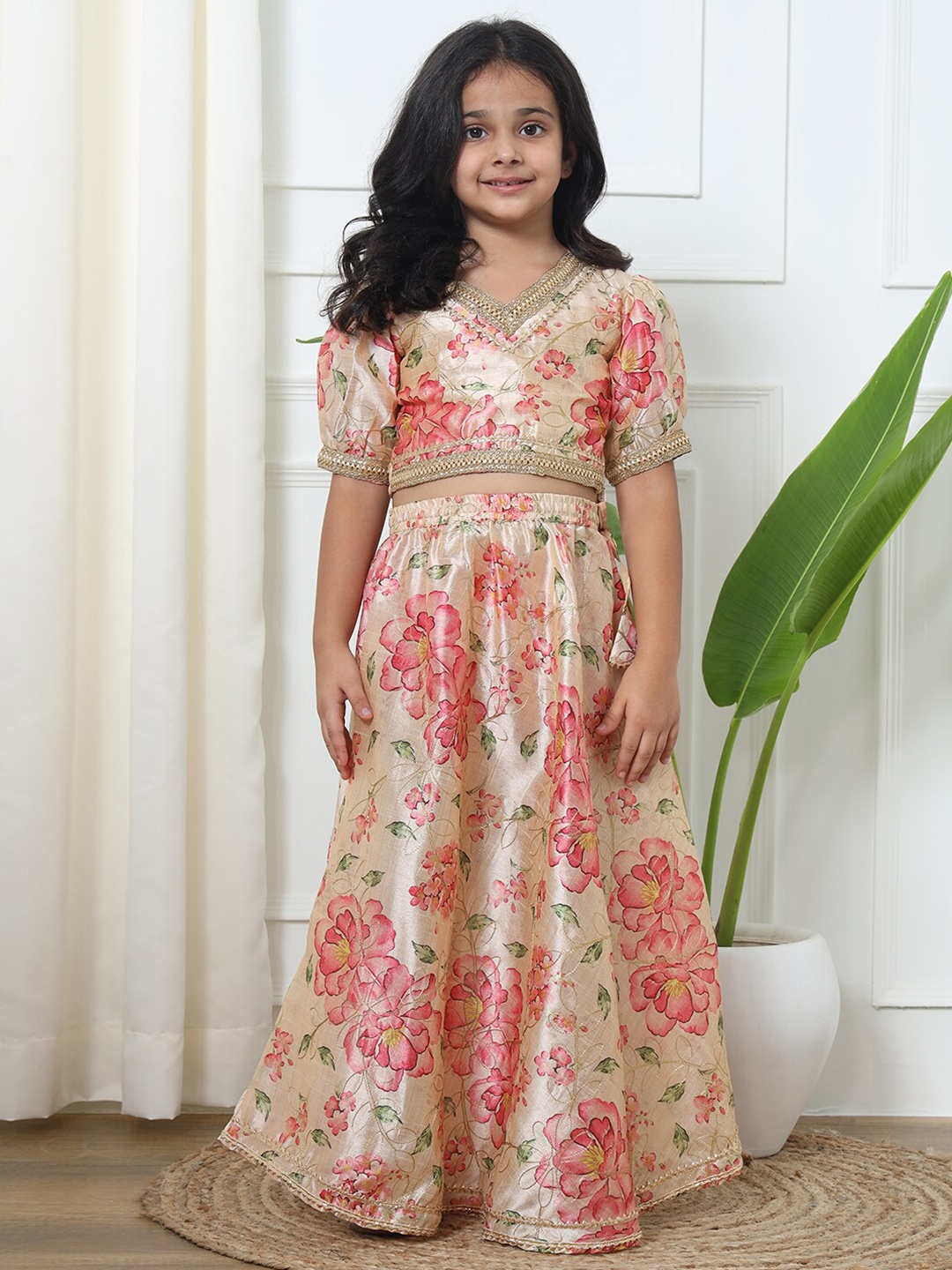 

Readiprint Girls Printed V-Neck Zari Ready to Wear Lehenga & Blouse, Beige