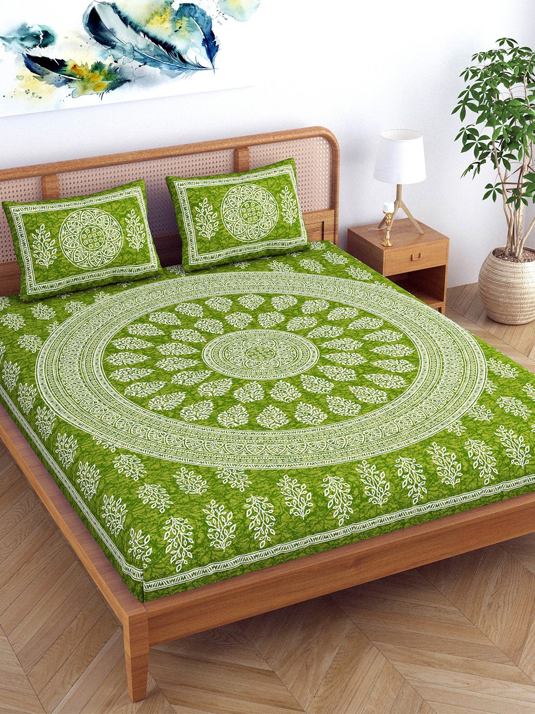 

SheetKart Jaipuri Green & White Printed Cotton 144 TC Queen Bedsheet with 2 Pillow Covers