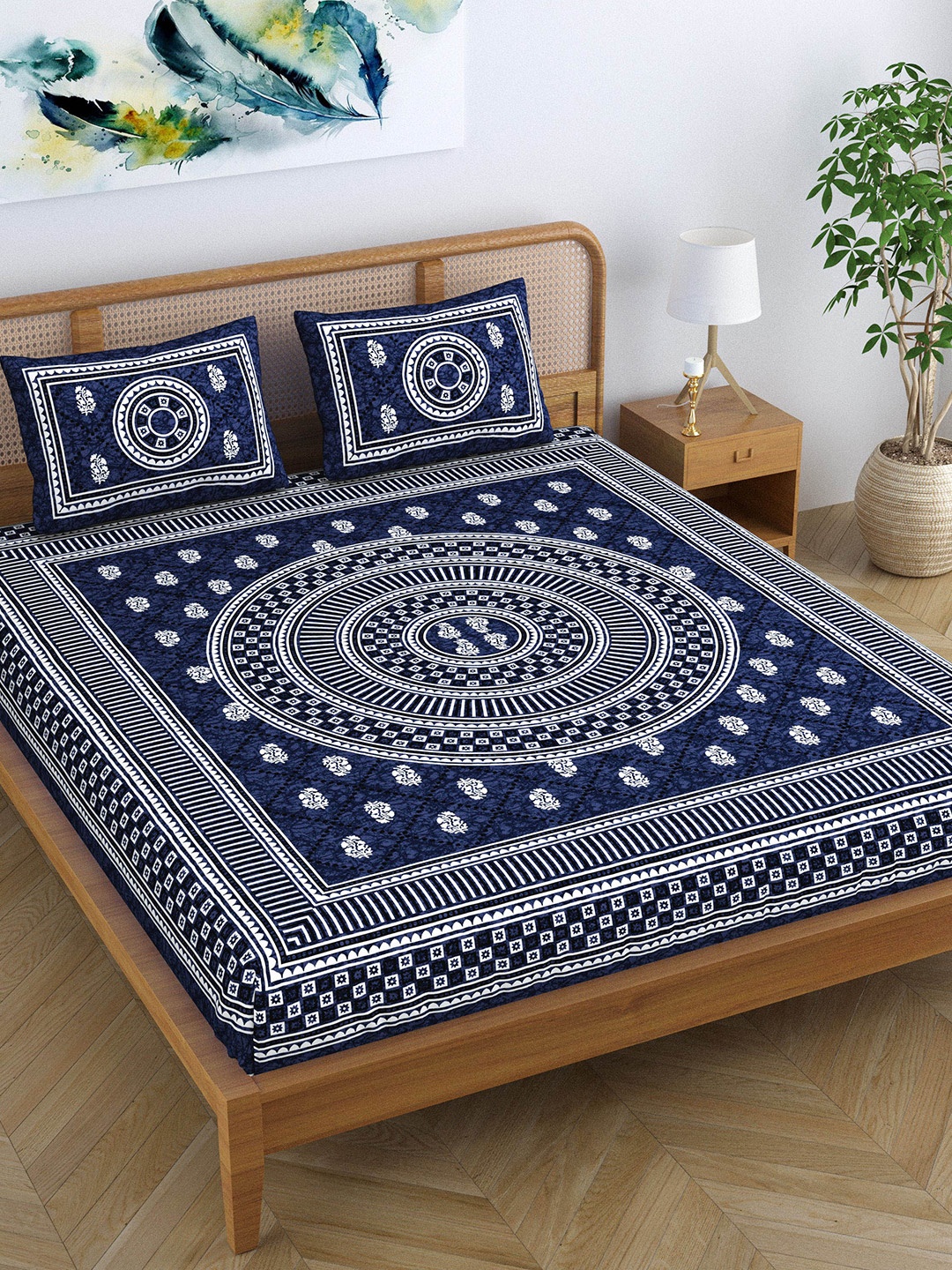 

SheetKart Jaipuri Navy Blue Printed Cotton 144 TC Queen Bedsheet with 2 Pillow Covers