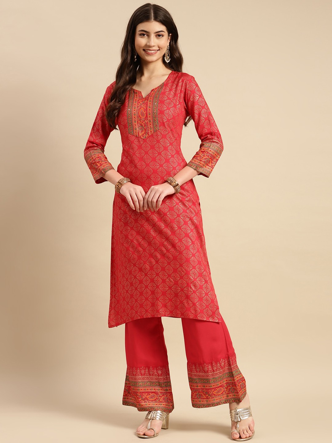 

Rangita Ethnic Motifs Printed Round Neck Regular Kurta with Palazzos, Red