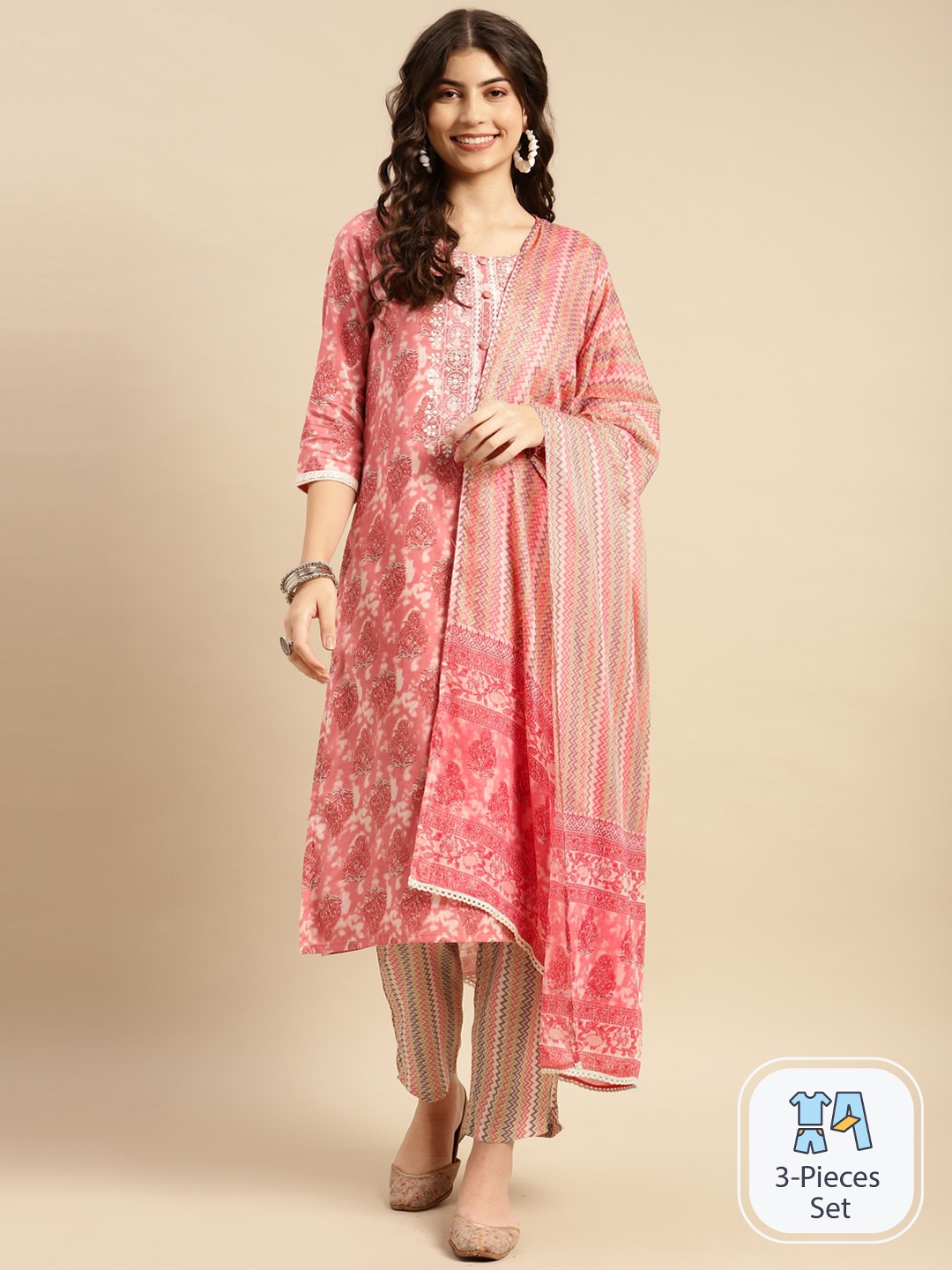 

Rangita Ethnic Motifs Printed Round Neck Pure Cotton Regular Kurta with Trousers & Dupatta, Peach