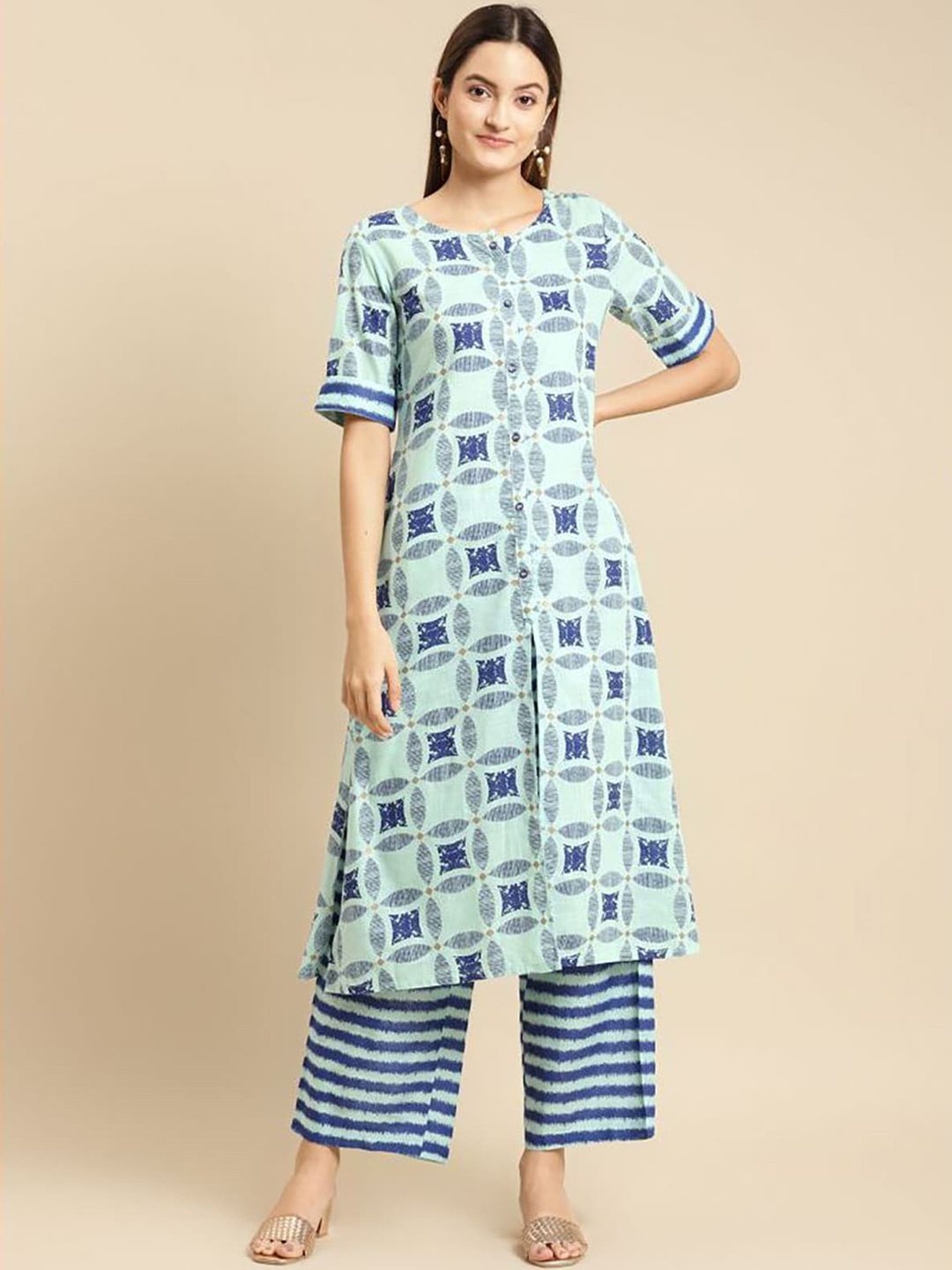 

Rangita Geometric Printed Pure Cotton A-Line Kurta with Palazzos, Blue