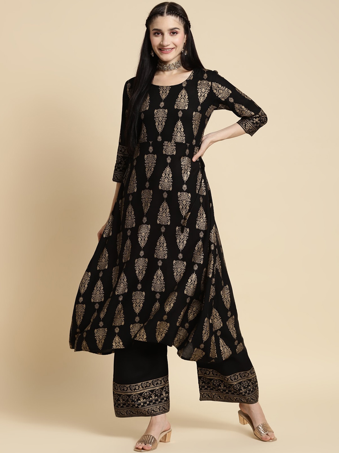 

Rangita Ethnic Motifs Printed A-Line Kurta with Palazzos, Black