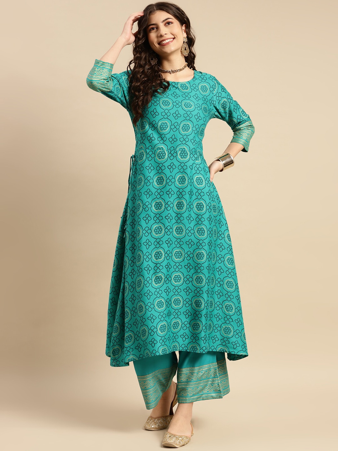 

Rangita Bandhani Printed A-Line Kurta with Palazzos, Green