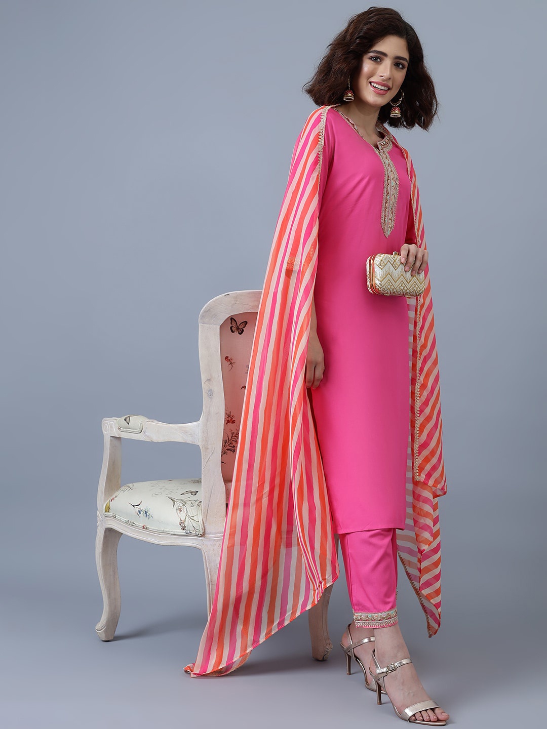 

Khushal K Beads & Stones Detailed Regular Kurta & Trousers With Dupatta, Pink